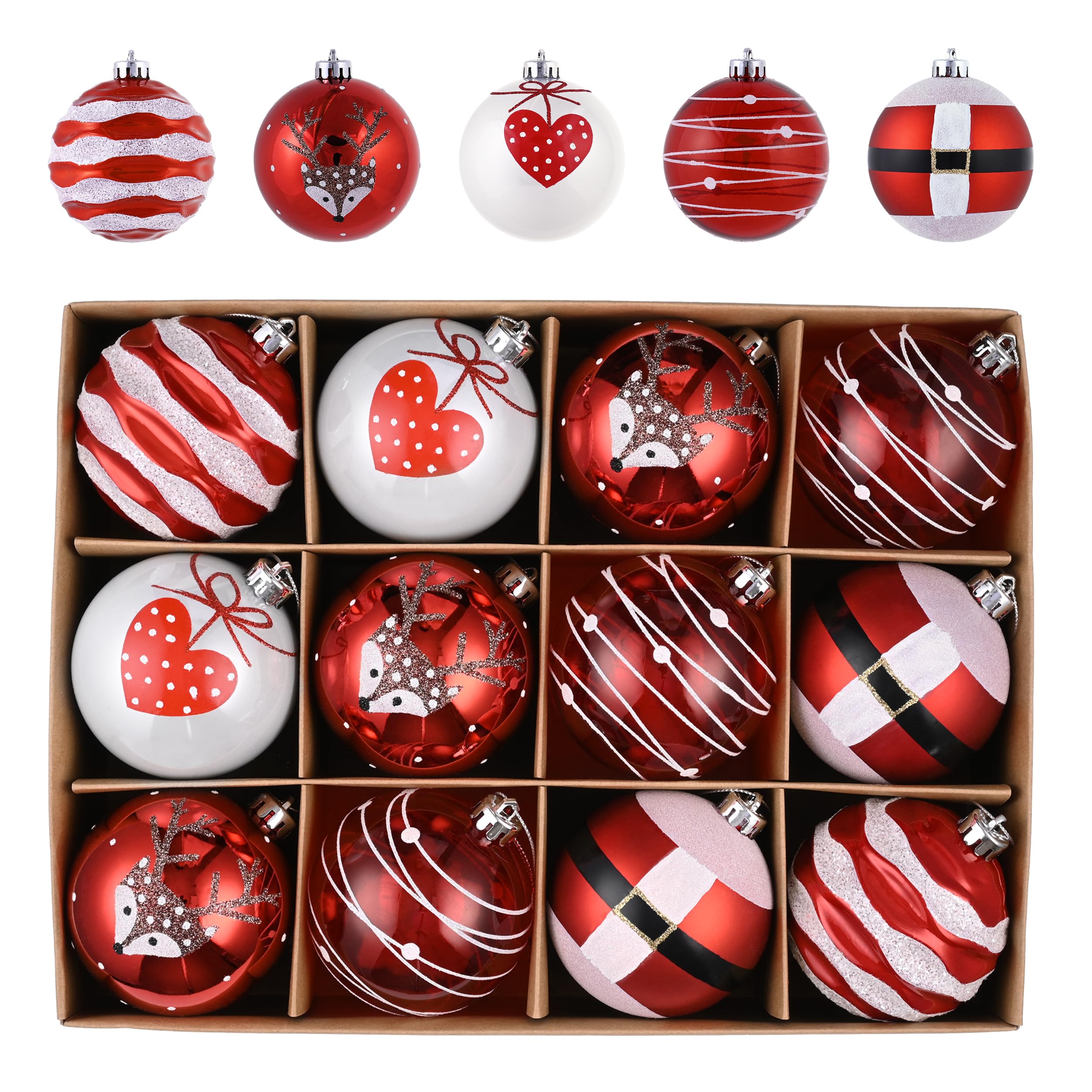 Valery Madelyn Christmas Baubles Set 12pcs 80mm, Red and White Shatterproof Christmas Ball Ornaments for Xmas Tree Decorations