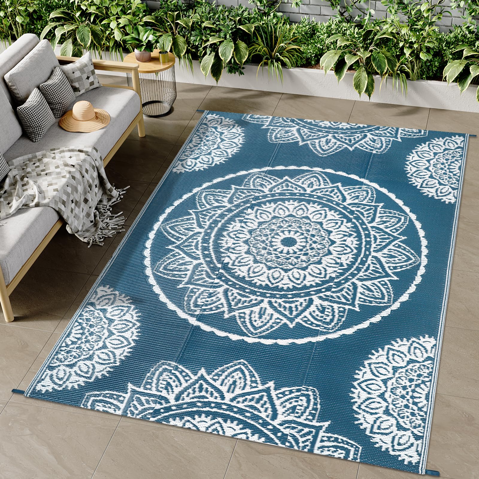 Famibay Outdoor Rug Waterproof Plastic Straw Garden Rugs Reversible Rug 120 x 180 cm Outdoor Patio Carpet UV Resistant Portable Mandala Area Rug for RV Balcony Picnic Blue
