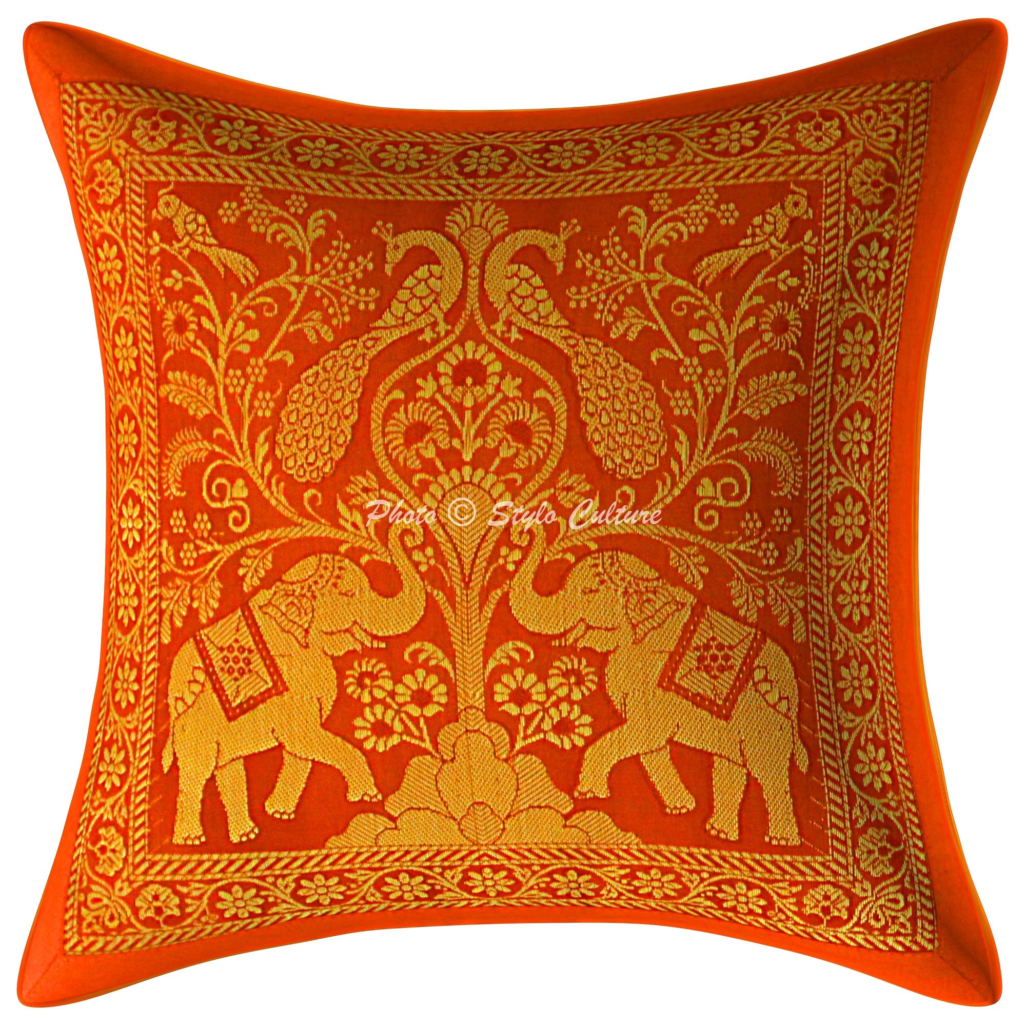 Stylo Culture Ethnic Brocade Couch Lounge Scatter Cushion Covers 12 x 12 Inch Orange Gold Elephant 30cm x 30cm Jacquard Cute Square Decorative Peacock Throw Pillow Cover - (1 Pc)