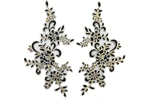 PEPPERLONELY 1 Pair Fine Lace Fabric Patches Embroidered Trim Applique Decor Dress Decoration, Black with Gold, 10 X 6 Inch