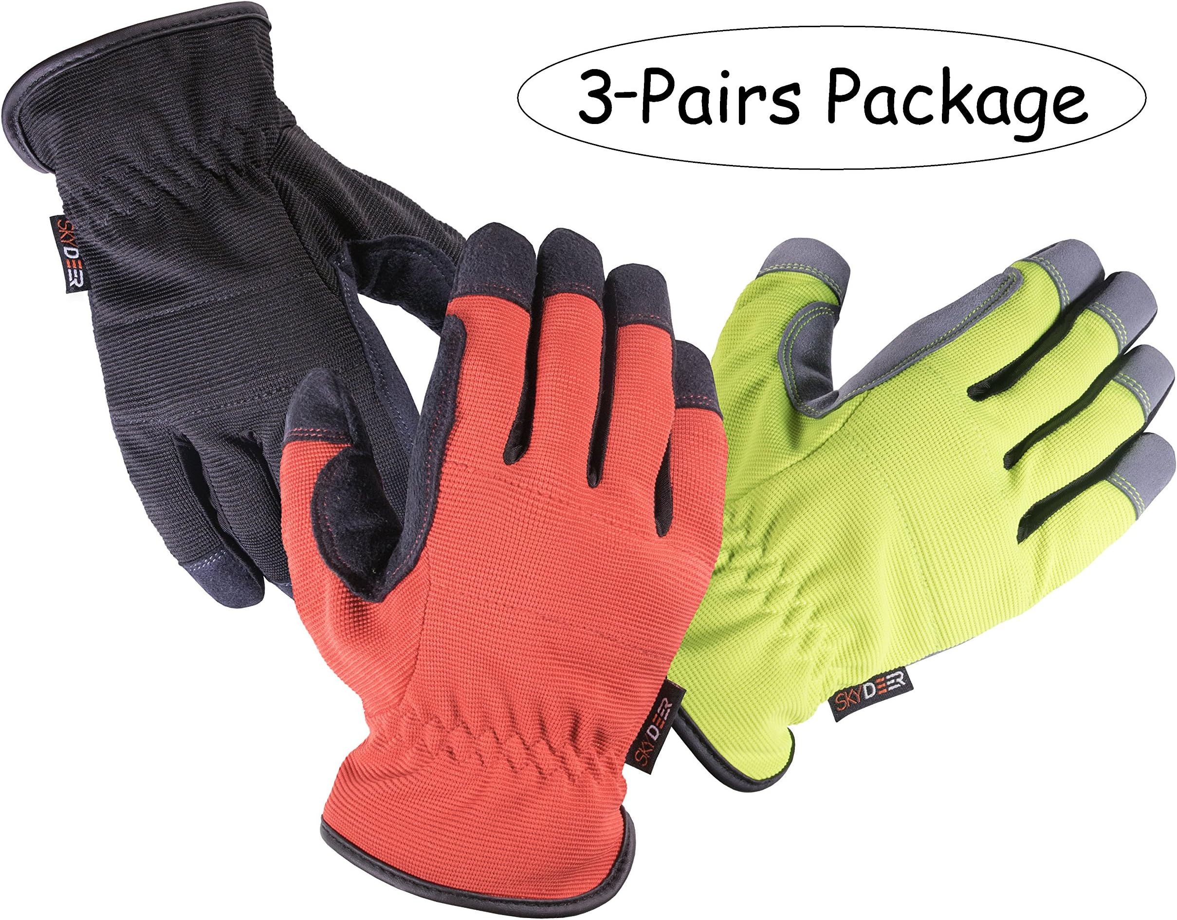 SKYDEER 3-Pairs Pack Durable Leather Work Gloves for Gardening and General Work (SD8810/L)