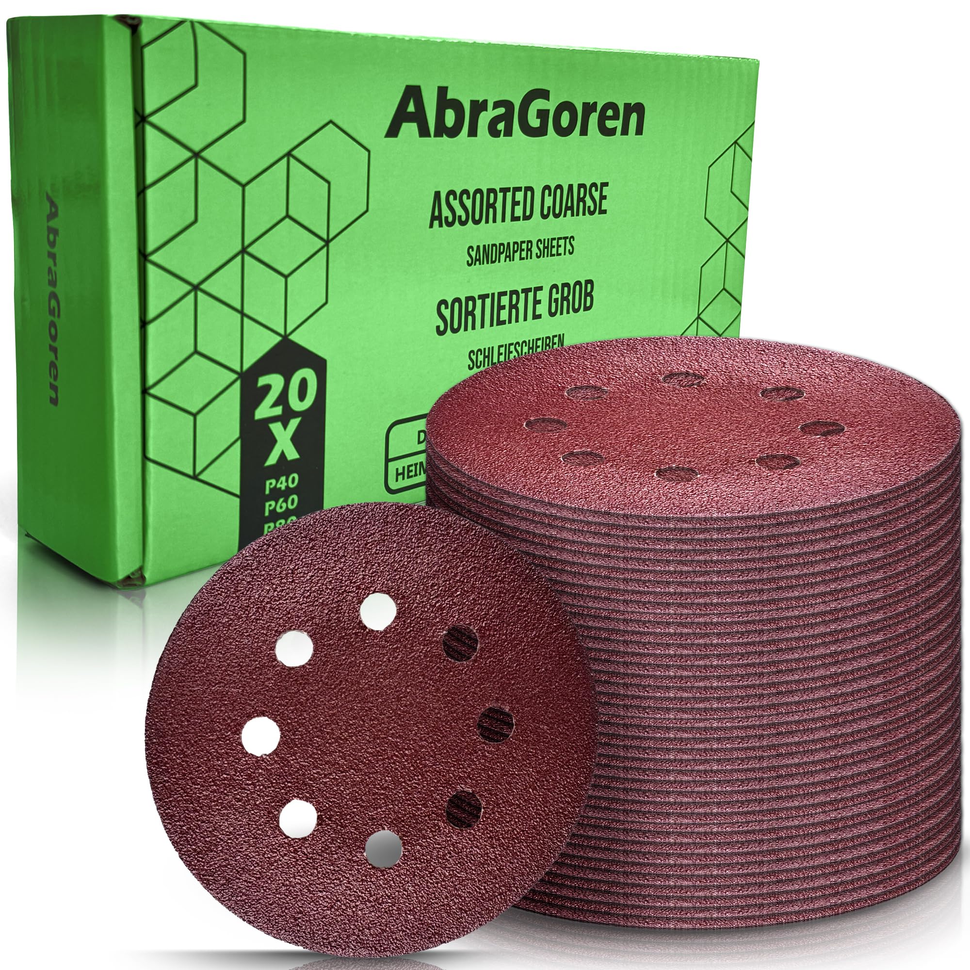 Pack of 60PCS 125mm Sanding Discs for Orbital Sander - Mixed Coarse Discs (P40, P60, P80) - Hook and Loop with 8 Holes