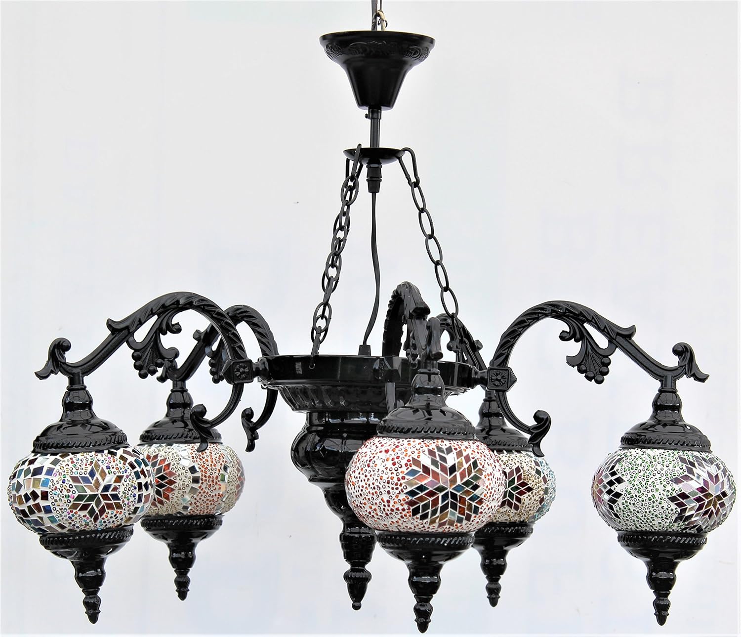 Turkish Ceiling Light, Suspended 5 Arms, Hand Made Glass Mosaic