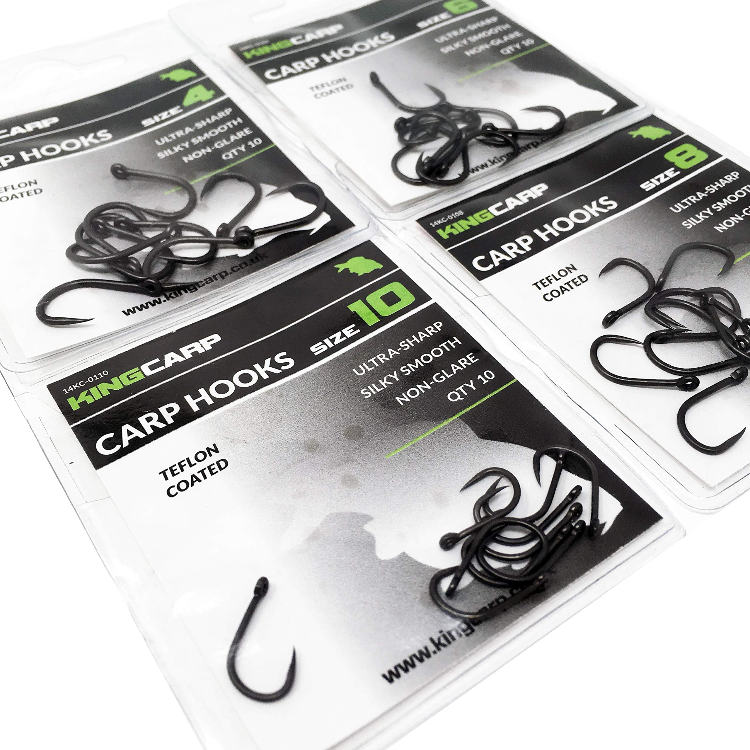 KINGCARP - 40 Assorted CARP Eyed Barbless Fishing Hooks (Quality Teflon Coated - Ultra Sharp, Silky Smooth & Non Glare (40 hooks - 10 x size 4 6 8 and 10) [40-14KC]