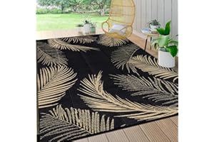 Pauwer Waterproof Outdoor Rug 6x9, Reversible Plastic Straw Patio Camping Rug, Indoor Outdoor RV Mat Carpet for Deck, Camper, Porch, Balcony, Backyard, Picnic, Leaf Black Brown