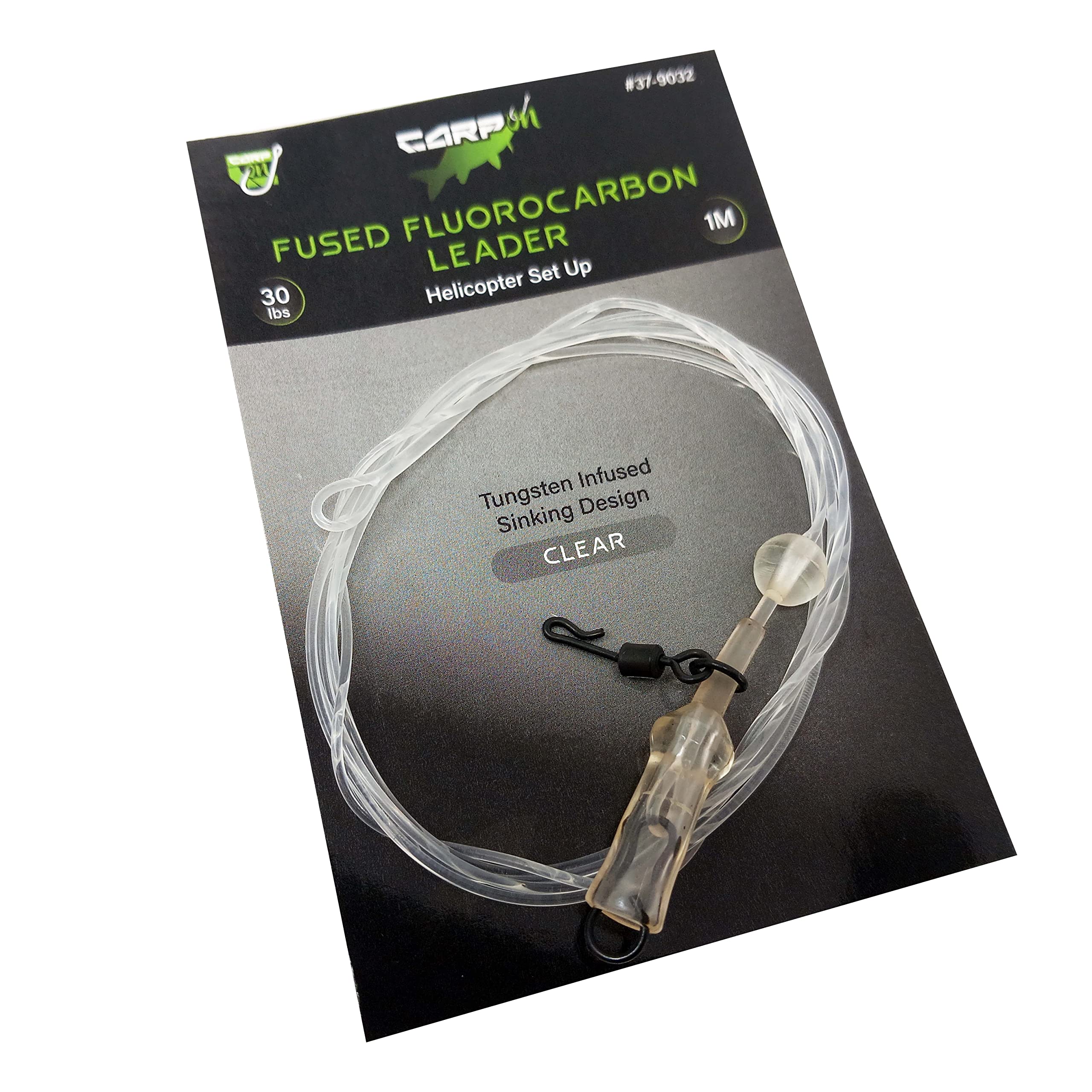 CARP ON - 1m/100cm 30lb CARP LEADER Line - Tungsten Infused Fluorocarbon Quick Link Swivel - Sinking Design - (Basic + Helicopter & Upper Beads, Clear) [37-9032] — image 1