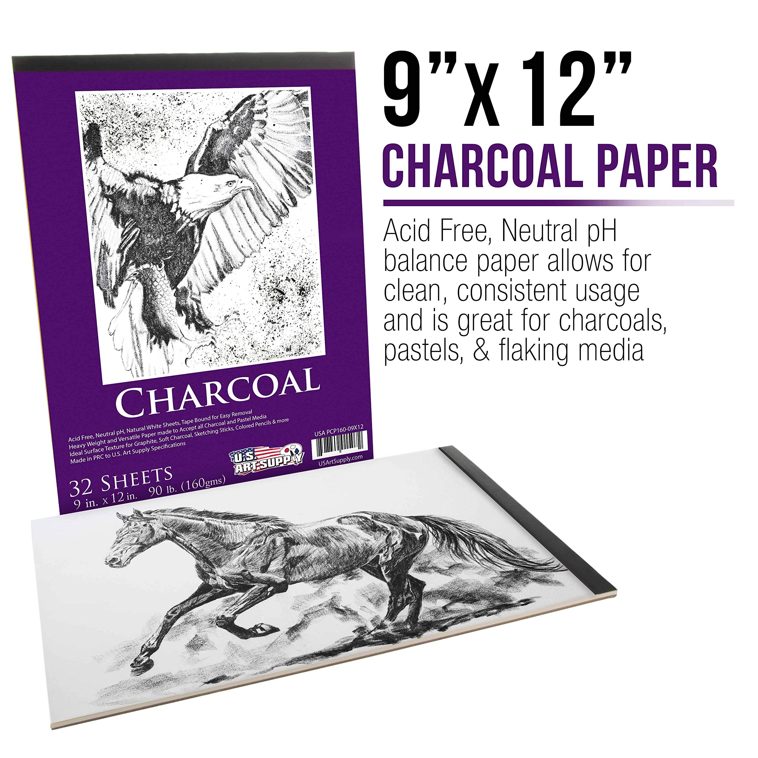US Art Supply 9 in. x 12 in. Premium Heavy-Weight Charcoal Paper Pad, 160gsm, 90 Pound, 32 Sheets (Pack of 2)