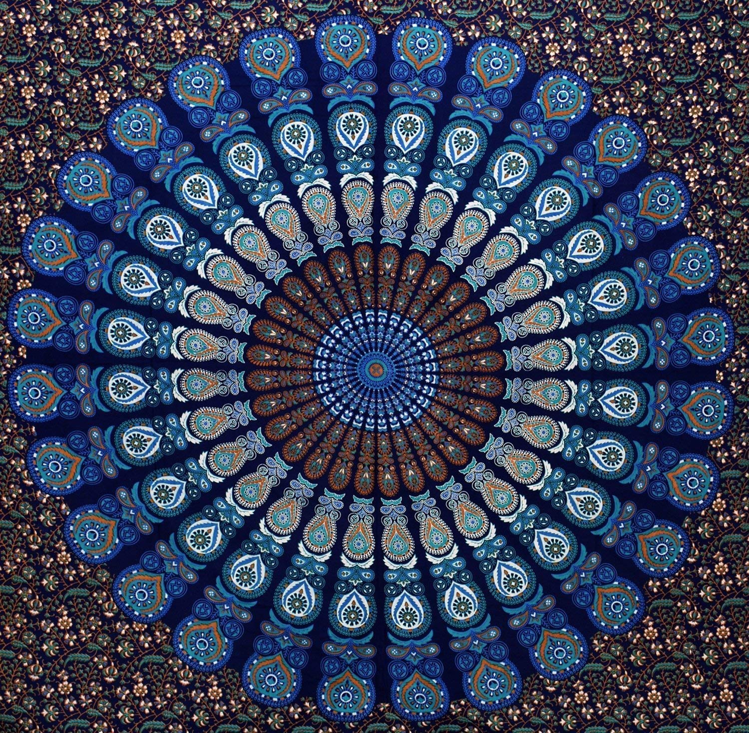 Bless International Indian hippie Bohemian Psychedelic Peacock Mandala Wall hanging Bedding Tapestry (Blue Green, Twin (54x72Inches)(140x185cms))