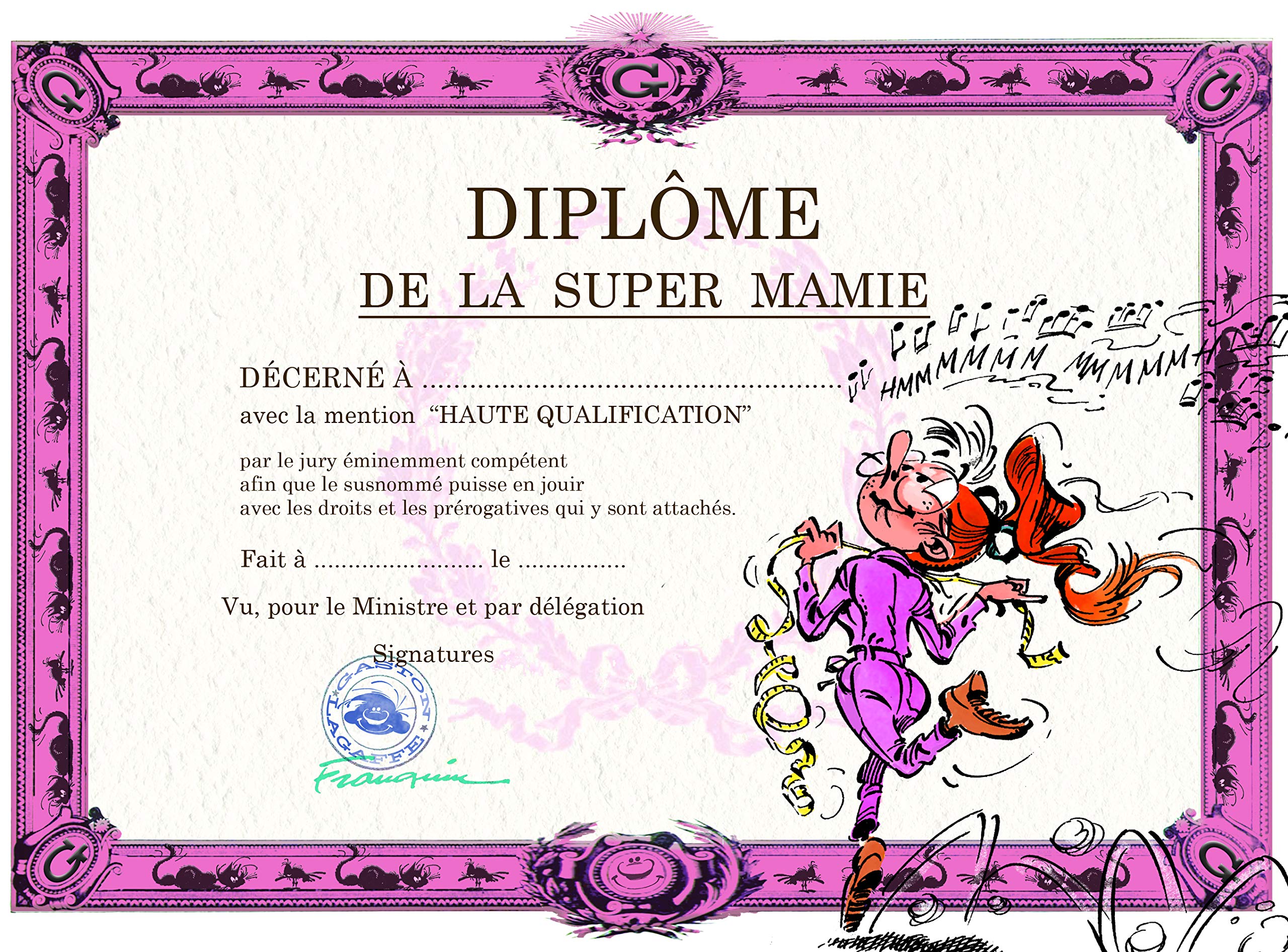 Gaston Lagaffe Diploma Card for Grandma Grandma Good Mum – Mlle Mademoiselle Jeanne Chante – Birthday or Grandmother's Day