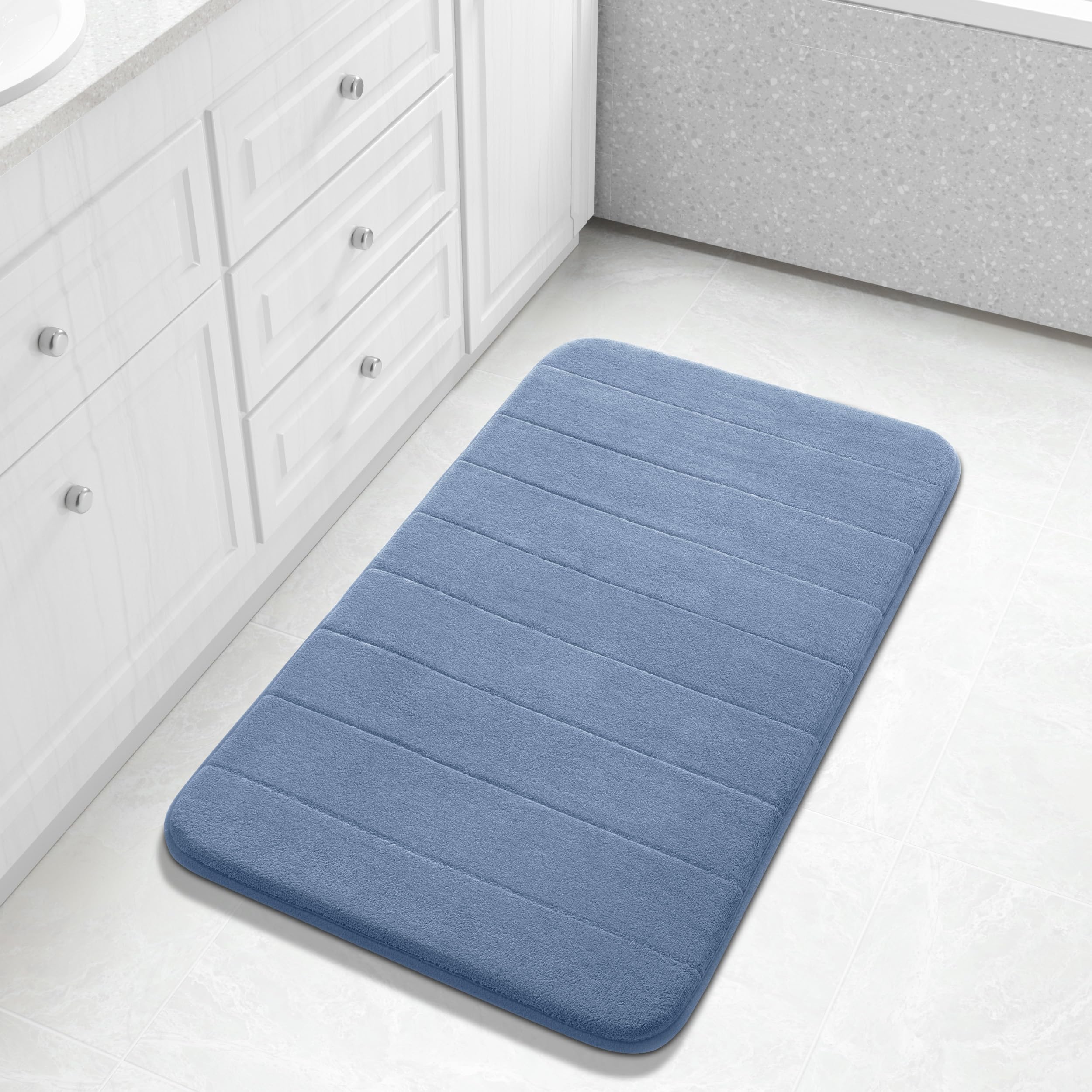 Yimobra Memory Foam Bath Mat Large Size, Soft and Comfortable, Super Water Absorption, Non-Slip, Thick, Machine Wash, Easier to Dry for Bathroom Floor Rug, 92 x 61 cm, Denim Blue