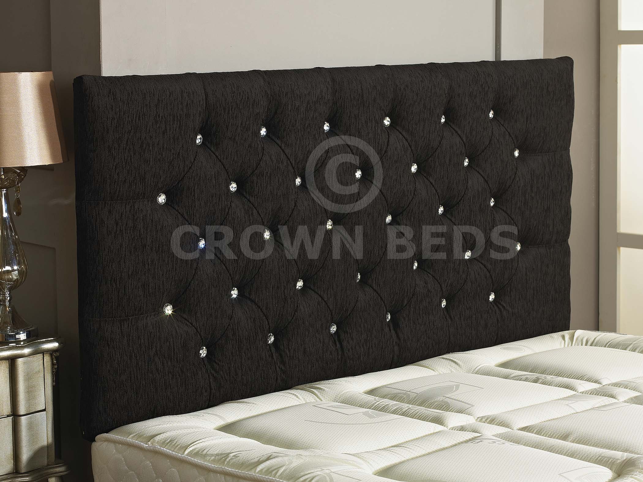CROWNBEDSUK CHESTERFIELD DIAMANTE BUTTON HEADBOARD IN 2ft5,3ft,4ft,4ft6,5ft,6ft !!!!NEW!!!! (BLACK, 4FT6 (DOUBLE) DIAMANTE)