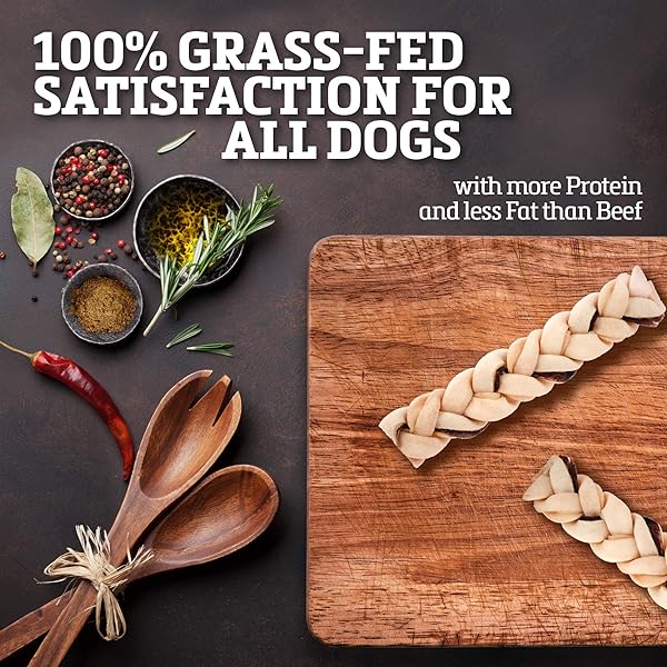 BUFFALO RANGE RAWHIDE DOG TREATS | HEALTHY, GRASS-FED BUFFALO JERKY RAW HIDE CHEWS | HICKORY SMOKED FLAVOR | JERKY BRAIDS, 10 COUNT