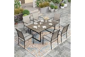 HERA'S HOUSE Outdoor Dining Set, Patio Table and Chairs for 6, 64" Rectangular Faux Woodgrain Metal Table with Chairs, 7-Piece Patio Dining Furniture Set for Garden Lawn Backyard