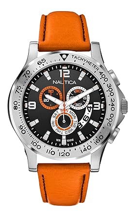 A19607G NAUTICA NST 600 Orange Leather Chronograph Mens watch 46mm Black Steel