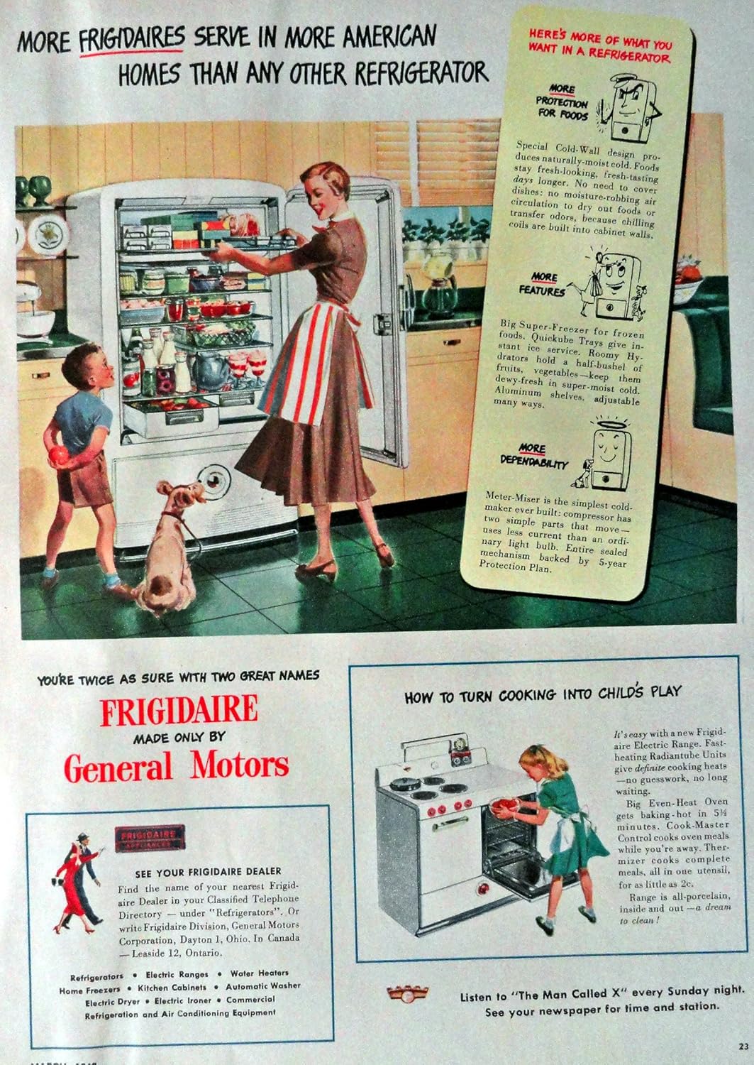 Frigidaire by General Motors, 40's Print Advertisment. Color Illustration 8 1/4" X 11" Print Art. (mother,son and dog) Oringial Vintage 1948 Woman's Day Magazine Art