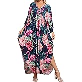 Woxscury Kaftan Dresses Colorful Floral Print Cover Ups Maxi Beach Cover Ups V Neck Batwing Sleeve for Women Swimwear