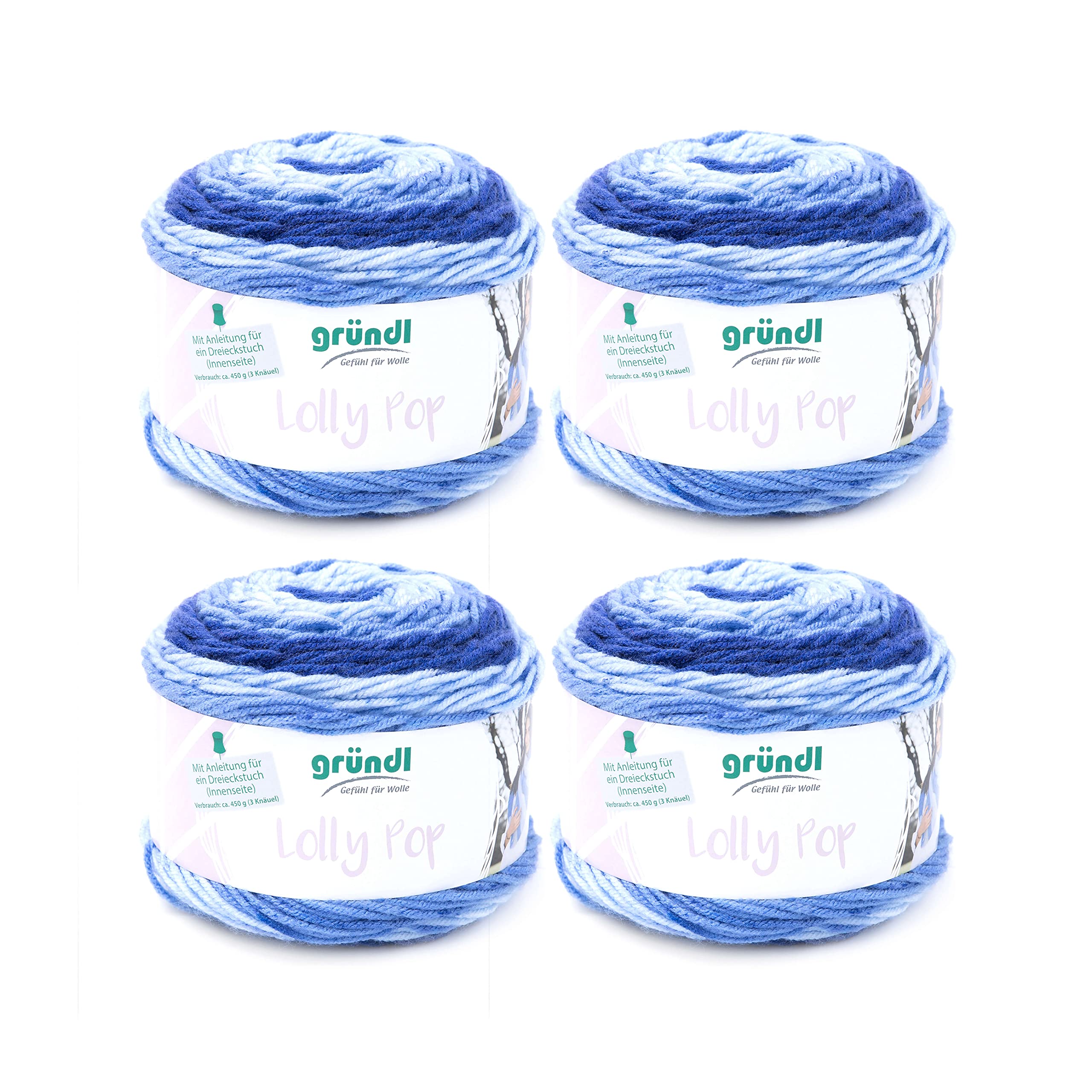 Gründl lolly pop, pack of 4x150g yarns, hand-knitting yarn, 100% acrylic, blueberry swirl, 24 cm x 24 cm x 10 cm