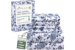 RUVANTI 6 Pcs Cotton Sheets - 100% Natural Cotton Soft, Lightweight & Breathable Crispy Percale Bed Sheets, Queen Sheet Set 16" Deep Pockets, Wild Flower
