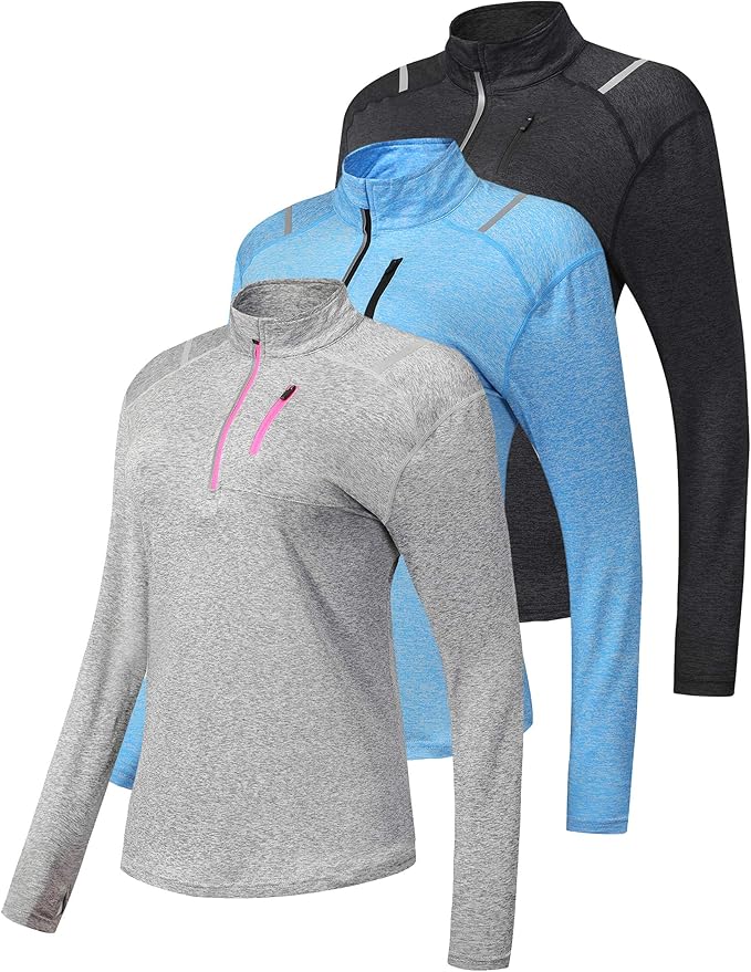 Liberty Imports Pack of 3 Women's Quarter Zip Pullovers, Athletic Long Sleeve Running Shirts
