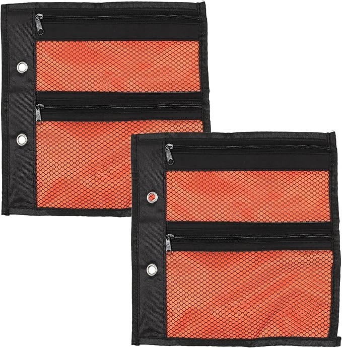 2X Orange Mesh Pencil Cases/Zipper Stationery Pouches for 2/4 Hole Ring