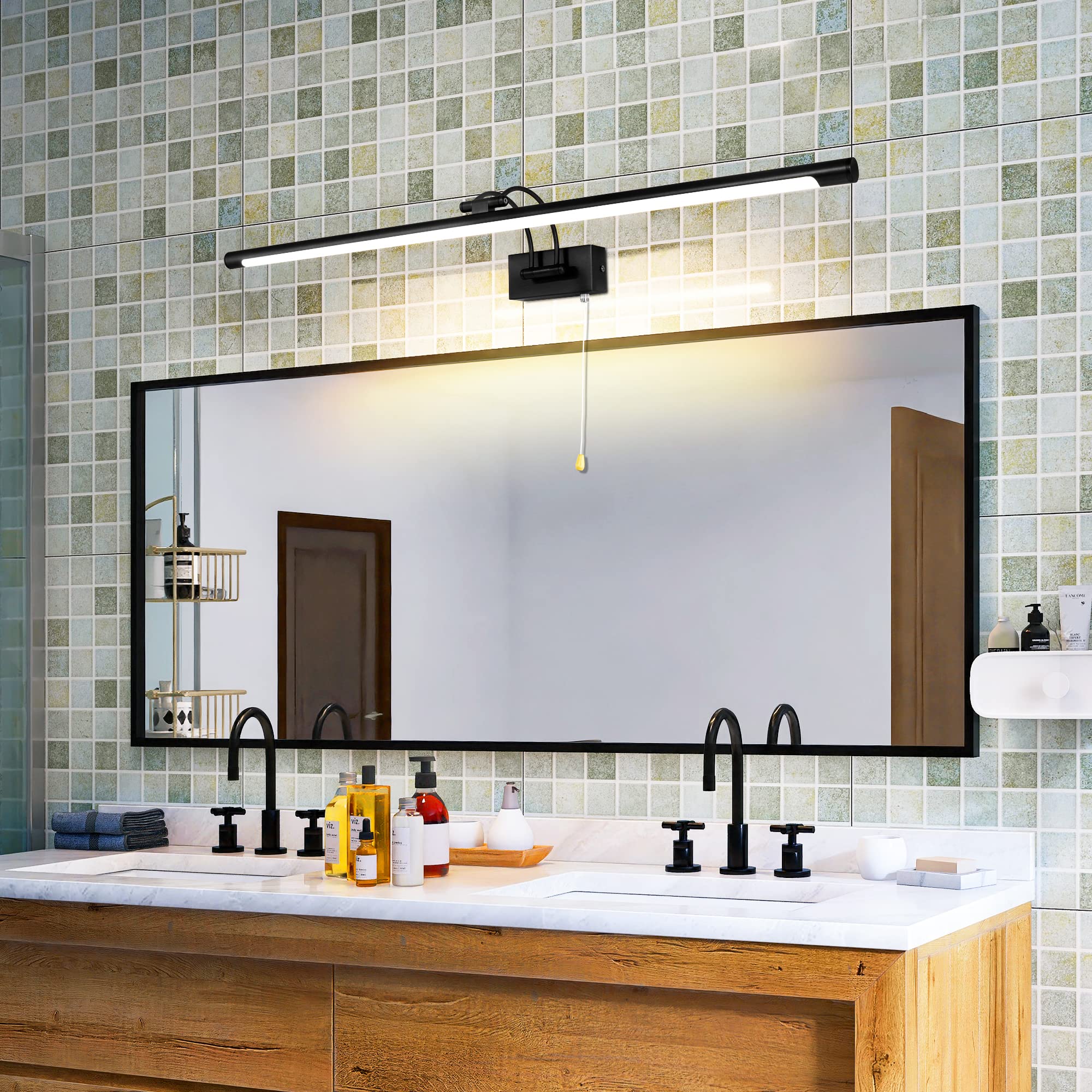 MantoLite LED Modern Bathroom Vanity Light Fixture Matte Black 90CM 16W Cabinet Over Mirror Light, Indoor Lighting Wall Light with Ajustable Arm for Hotel Bedside 3000K Picture Lights