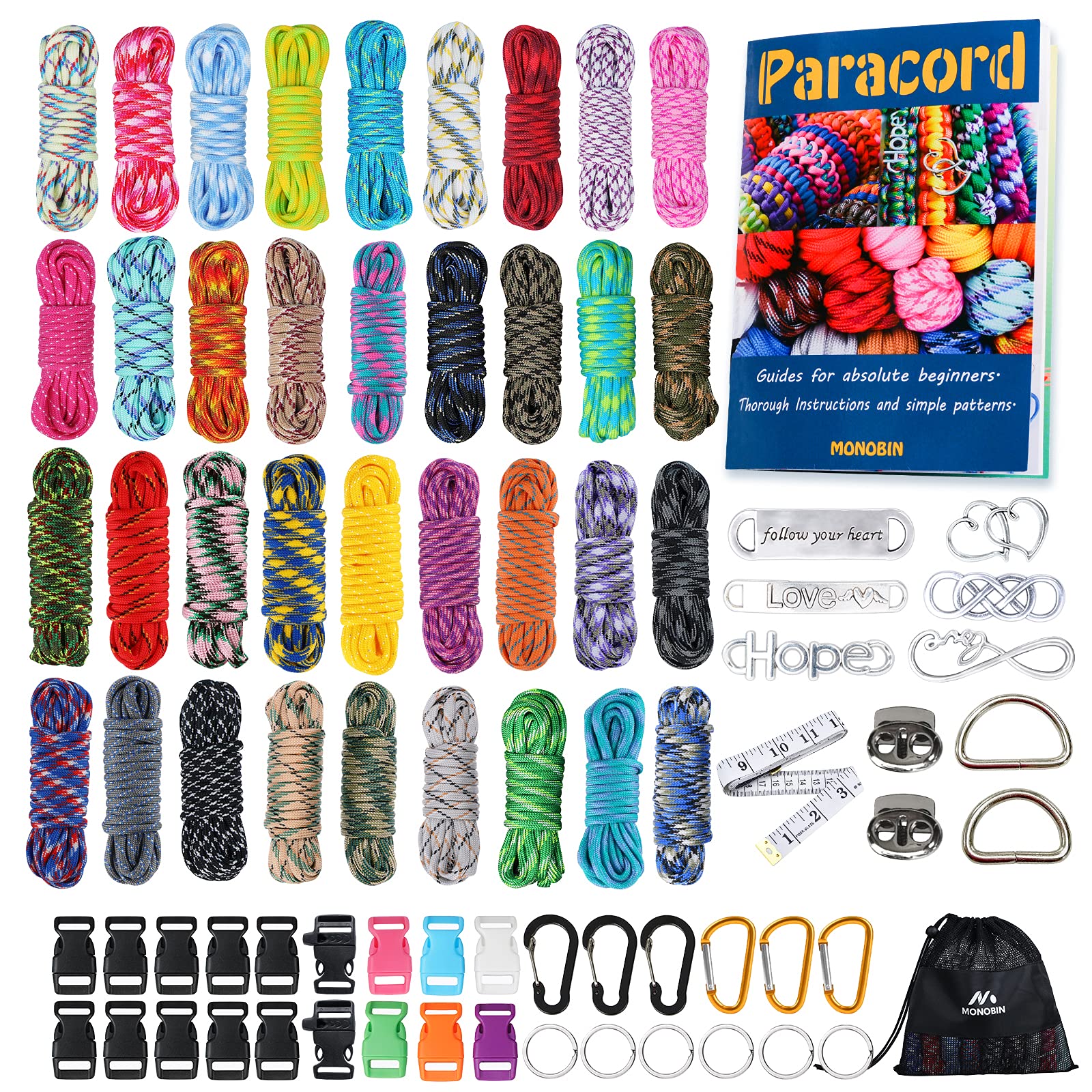 MONOBIN Paracord, 550 Paracord Combo Kit with Instruction Book - 36 Colors Multifunction Paracord Ropes and Complete Accessories for Making Paracord Bracelets, Lanyards, Dog Collars (36 Colors-A, L)