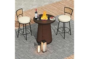 PIZZELLO 3-Piece Patio Swivel Bar Set with 37" Height Propane Round Firepit Table and High Swivel Stools Chair Set of 2, Outdoor High Top Bistro Set for Poolside, Garden, Balcony(Brown)