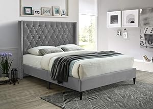 Amelia Velvet Bed Frame with Headboard / Velvet Upholstered Platform Bed Frame / Wood Slat Support / No Box Spring Needed (Gray, Queen)