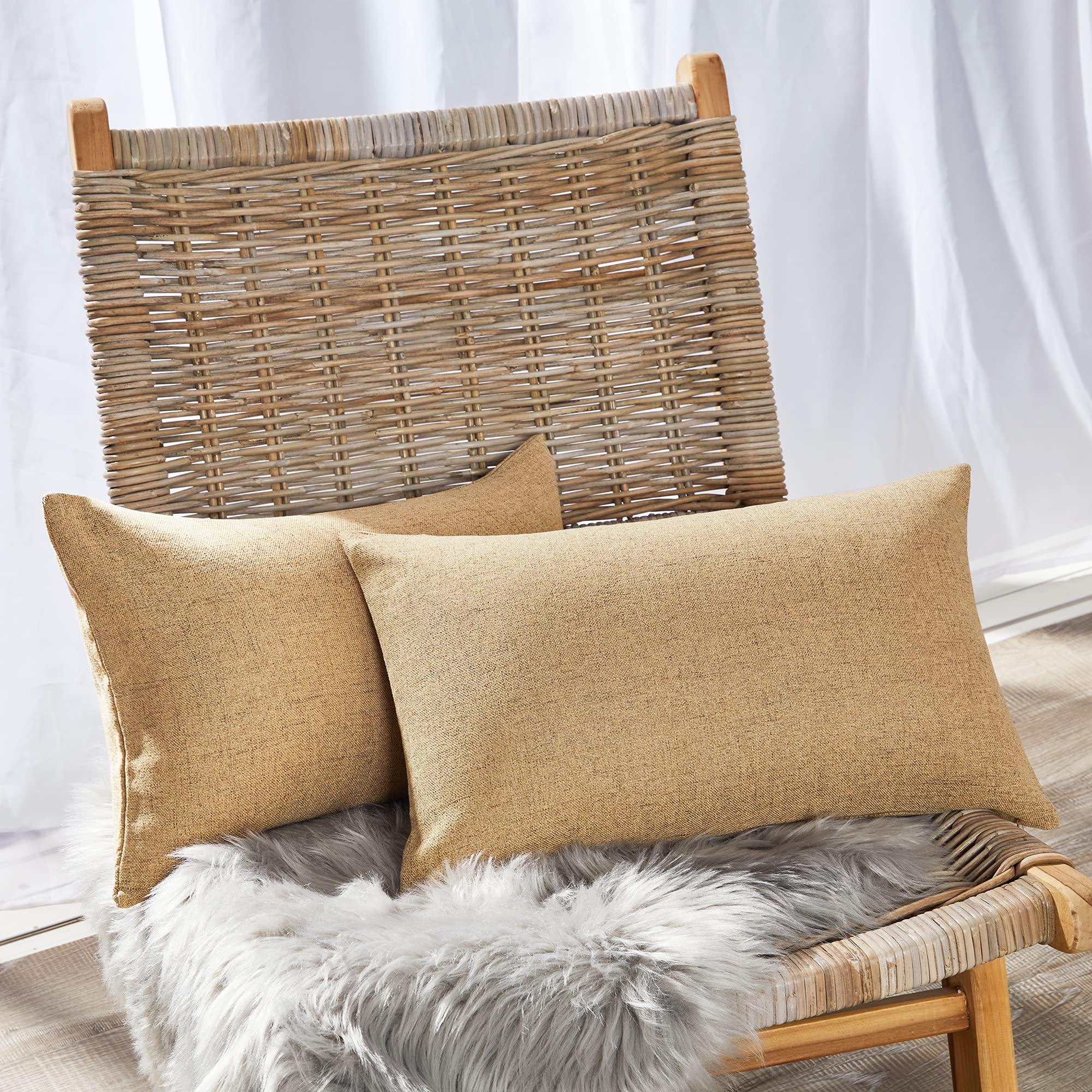 Deconovo Set of 2 Rectangular Cushion Covers, Faux Linen Throw Pillow Cases for Livingroom Sofa with Invisible Zipper, 12x20 Inch, Honey Gold