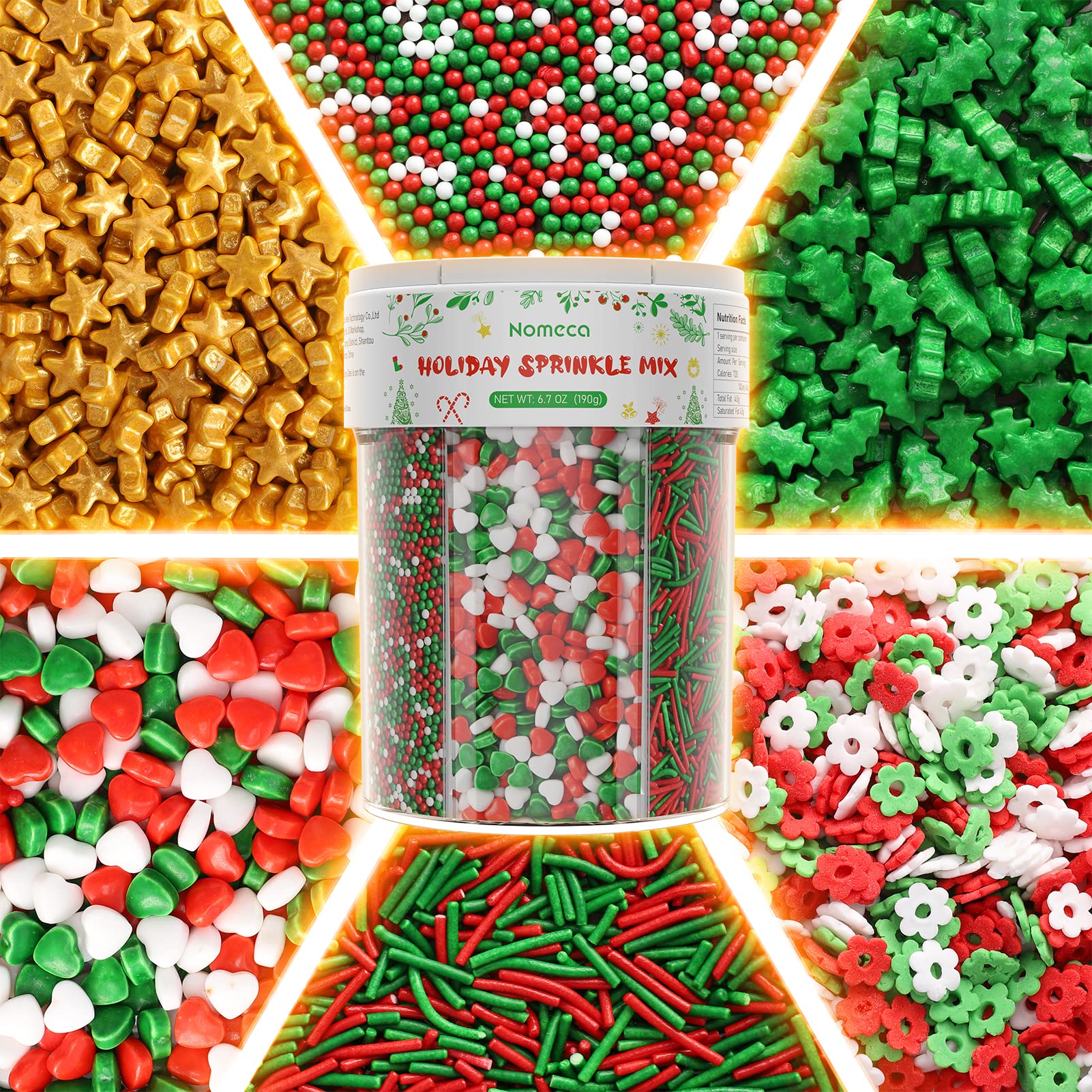 Christmas Sprinkles for Cake Decorating - Fancy Star Cake Sprinkles 6 Cell Edible Cupcake Sugar Sprinkles Mix Set for Holiday Cookie Sprinkles Jimmies for Baking Red Green Gold Sprinkles -6.7OZ