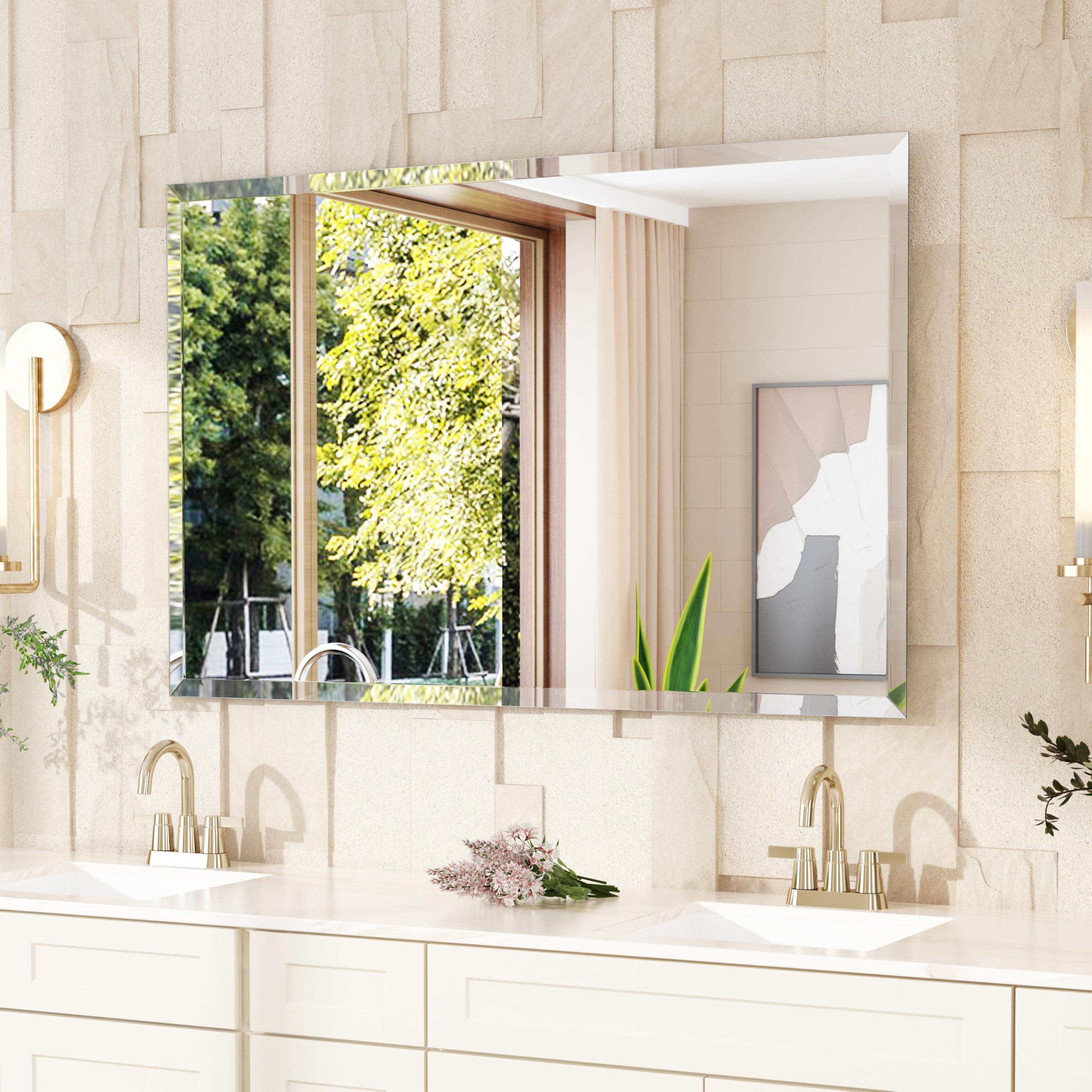 Photo 1 of VocalStar Frameless Bathroom Mirror, 55" x 36" Rectangle Wall Mirror with Beveled Edge, Modern Decorative Vanity Mirrored for Living Room, Entryway, Bedroom | 1/4-Inch Shatterproof Glass