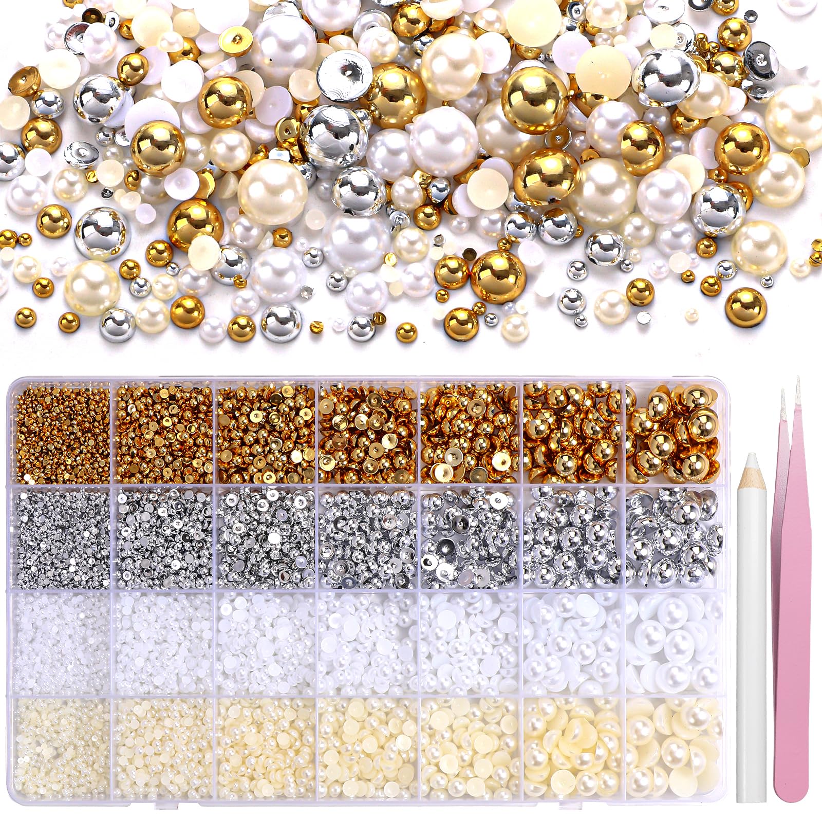 Photo 1 of 20000Pcs Gold Silver White Half Pearls for Crafting, Flatback Half Round Pearl for Nails, 6 Sizes ABS Pearl Beads Gems for Nails Art DIY Crafts Embellishment Shoes Clothes Bags DIY Making