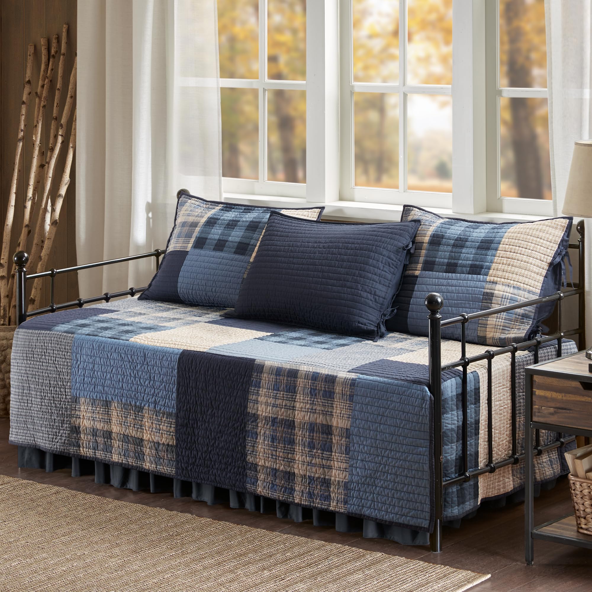 Woolrich Quilt Set Patchwork Channel Quilting, Cottage Coverlet for Twin Size Bed All Seasons, Lightweight Prewashed Cotton Coverlet Bedspread, Shams, Winter Hills, Oversized Daybed Blue 5 Piece Image