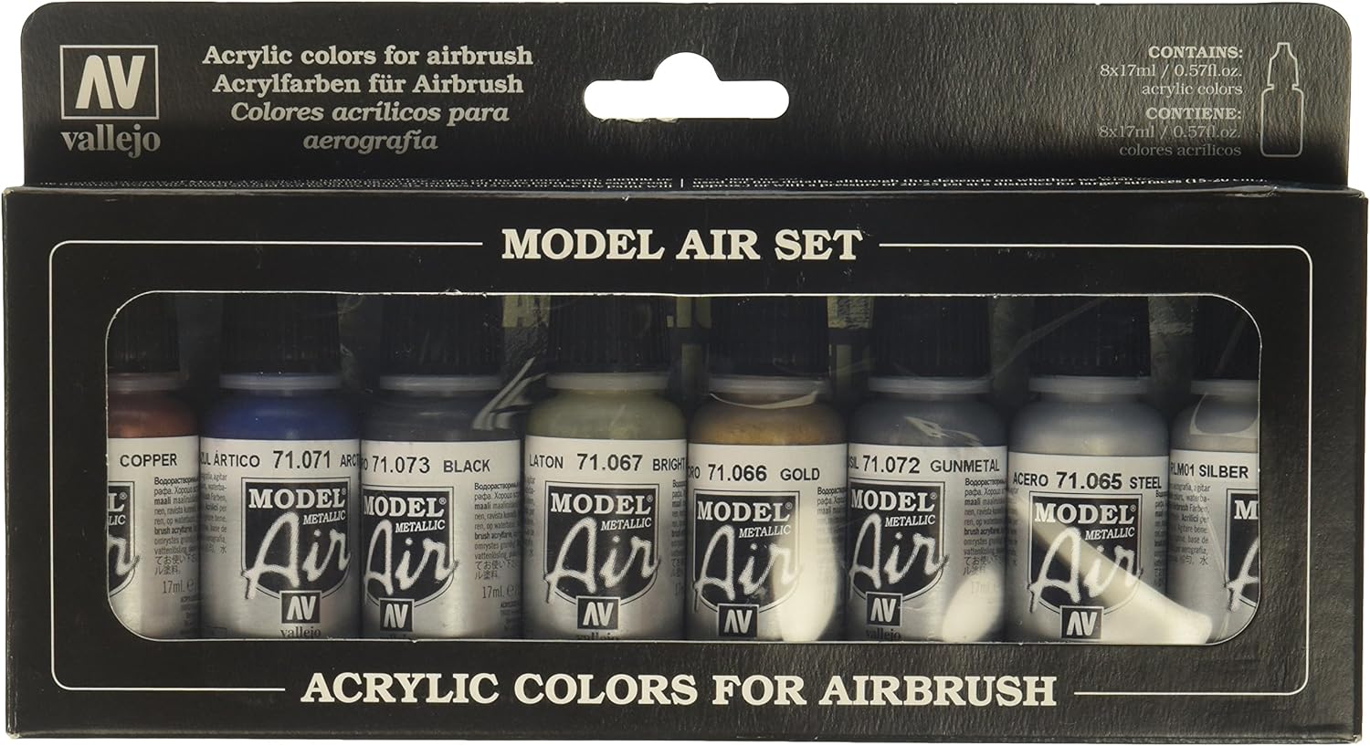 Vallejo Metallics Model Air Color Paint Set (8 Colors) 17ml Bottle
