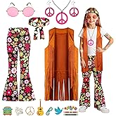 Rayekrot Girls Hippie Costume Kids 60s 70s Hippie Outfits Set Halloween Party Dress Up