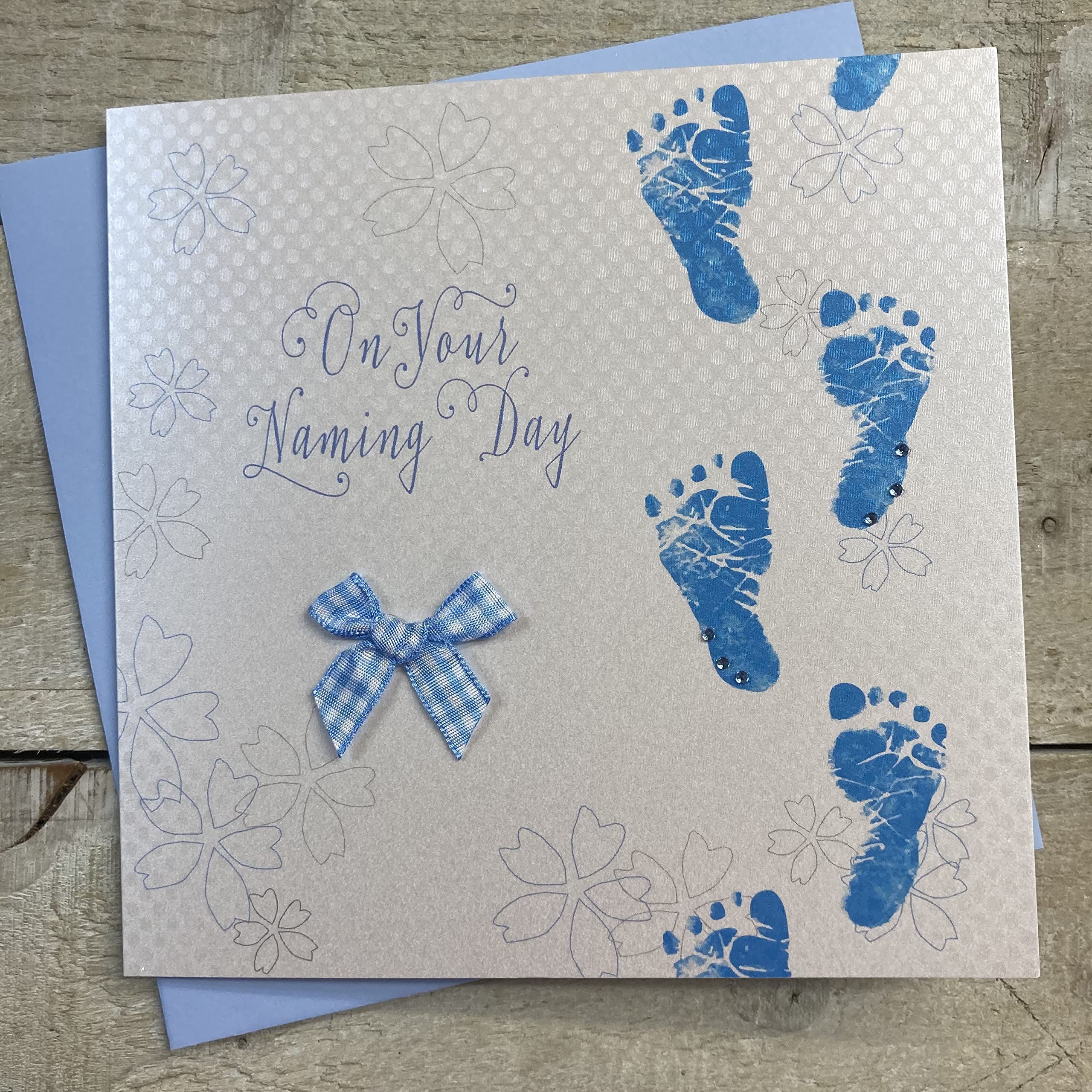 WHITE COTTON CARDS Blue Footprints Handmade Naming Day Card, White, BD68, 16cm x 16cm