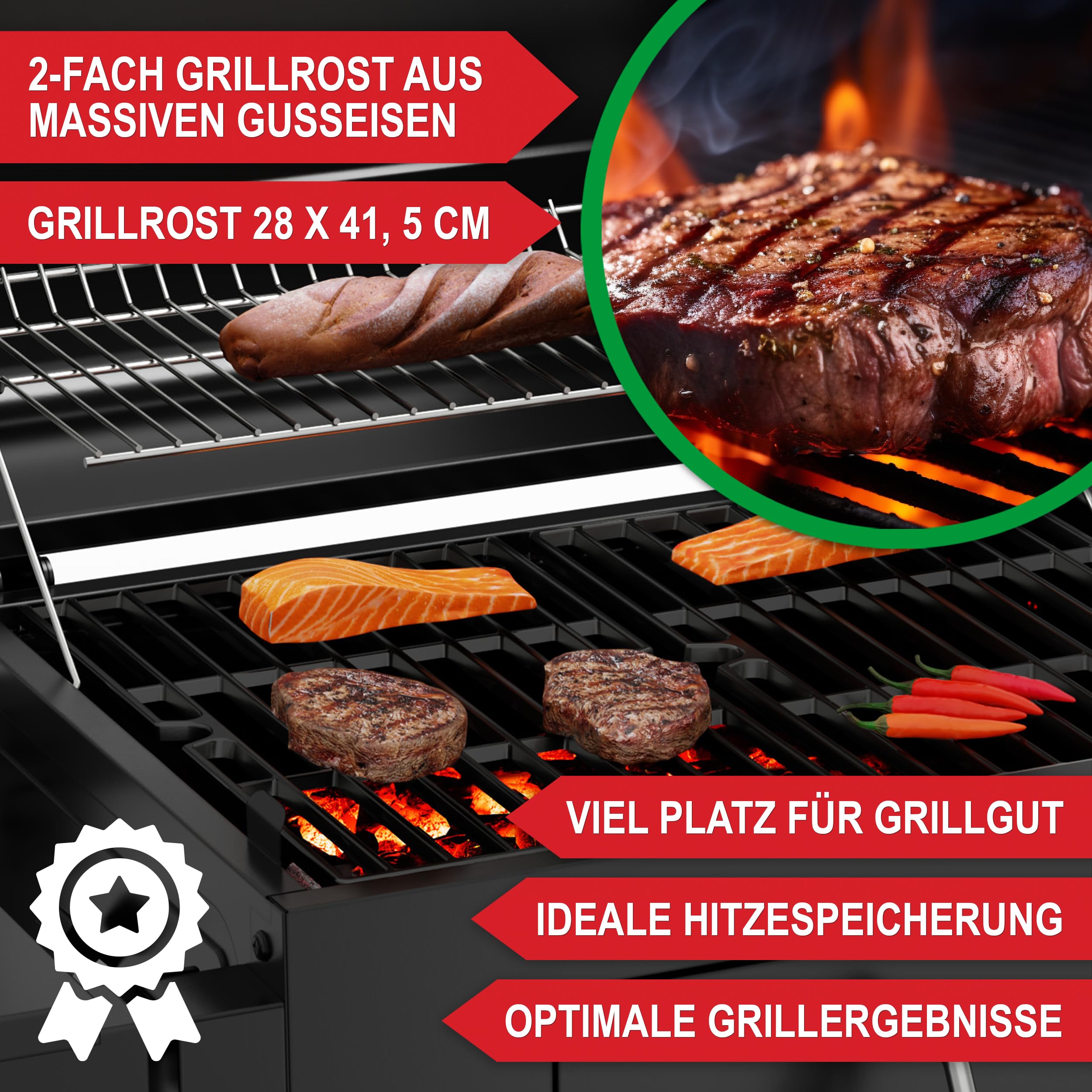 ONBEST Holzkohlegrill mit Grillrost aus Gusseisen – PLUS Abdeckung - XXL BBQ Grill mit Deckel – mobiler Grillwagen mit klappbaren Ablagen – Grillrostverstellung –Thermometer – Flaschenöffner 2