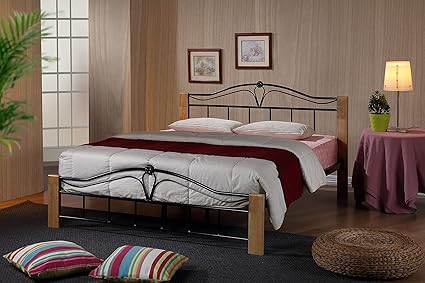 Thiago 4ft6 Double Wooden Beech And Black Metal Bed Frame Modern Bedroom Furniture