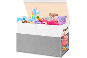 Mabahoo Large Toy Box, Collapsible Sturdy Storage Chest With Lids, Kids Toy Chest Storage Organizer Toddler Bin Boxes for Living Room, Bedroom, Nursery, 25"x13"x16", White & Gray