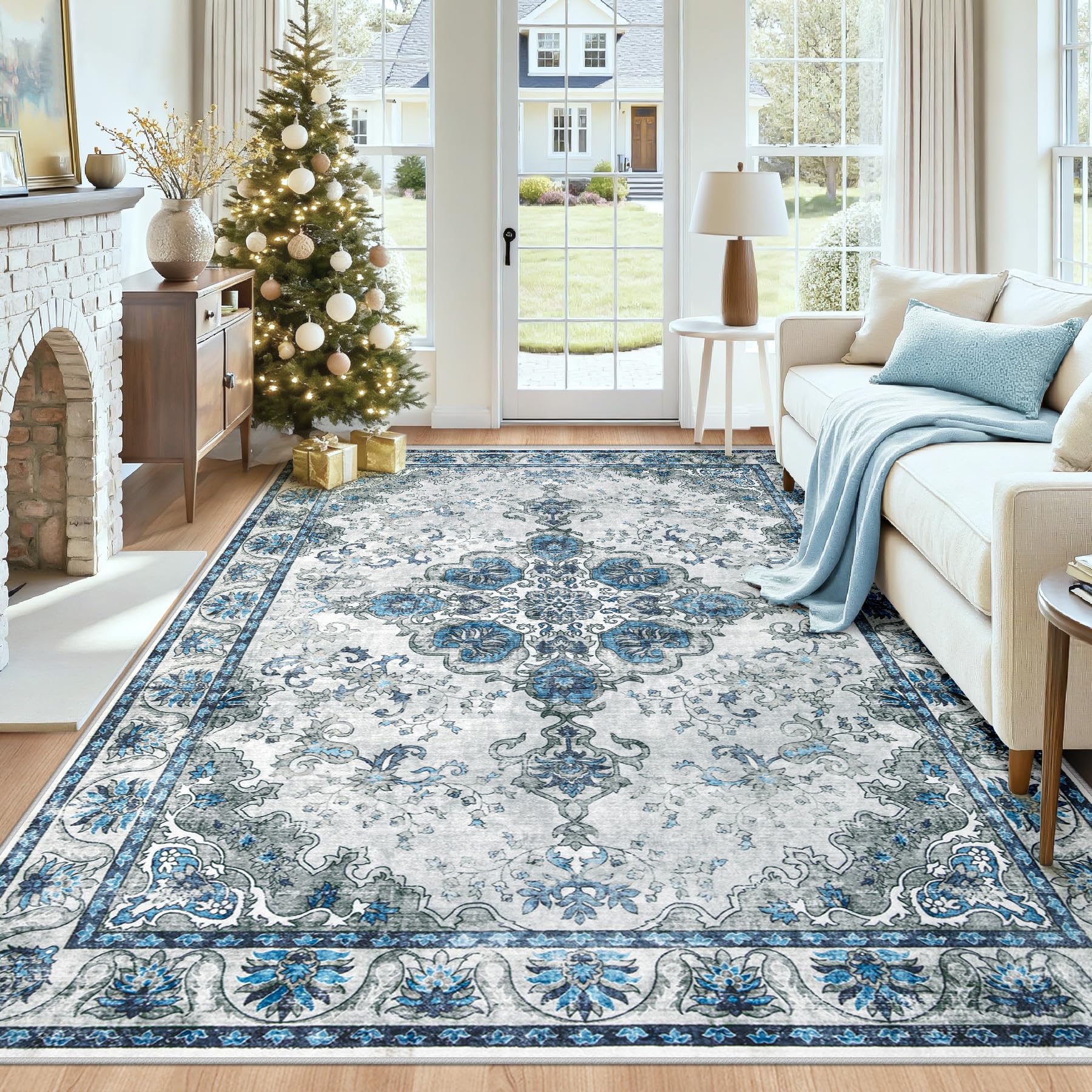 Photo 1 of 5x7 Area Rugs for Living Room: Washable Vintage Floral Rug Soft Non-Slip Rugs Stain Resistant Boho Print Pattern Medallion Indoor Carpet for Bedroom Nursery Dining Room Office (Blue Grey, 5'x7')