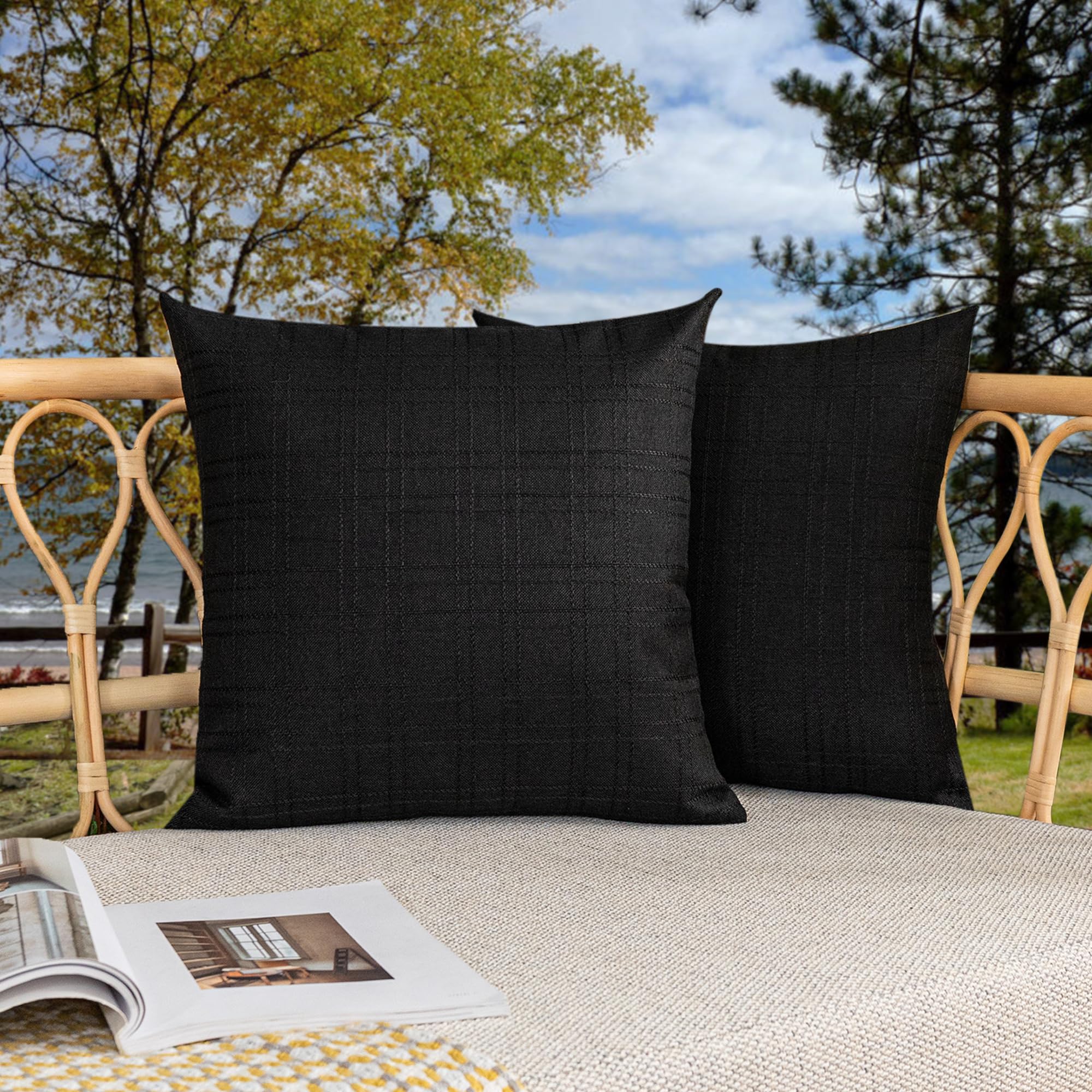 Photo 1 of Kevin Textile Pack of 2 Decorative Outdoor Waterproof Throw Pillow Covers Checkered Pillowcases Classic Cushion Cases for Patio Couch Bench 18 x 18 Inch Black