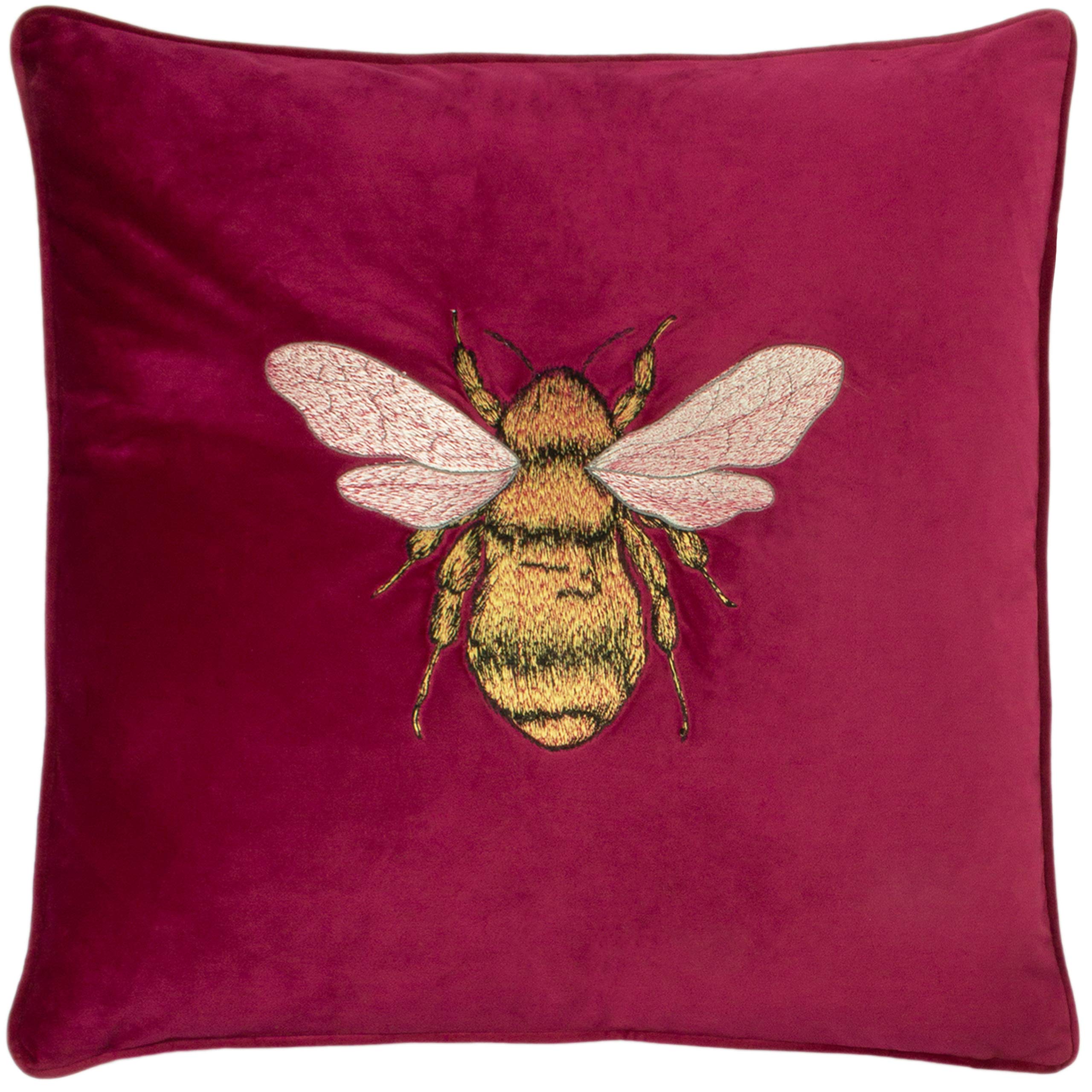 Paoletti Hortus Cushion Cover – Bee Embroidered, Luxurious Velvet Accent, Square Cushion Cover (Pink Fuschia – 50x50 cm)