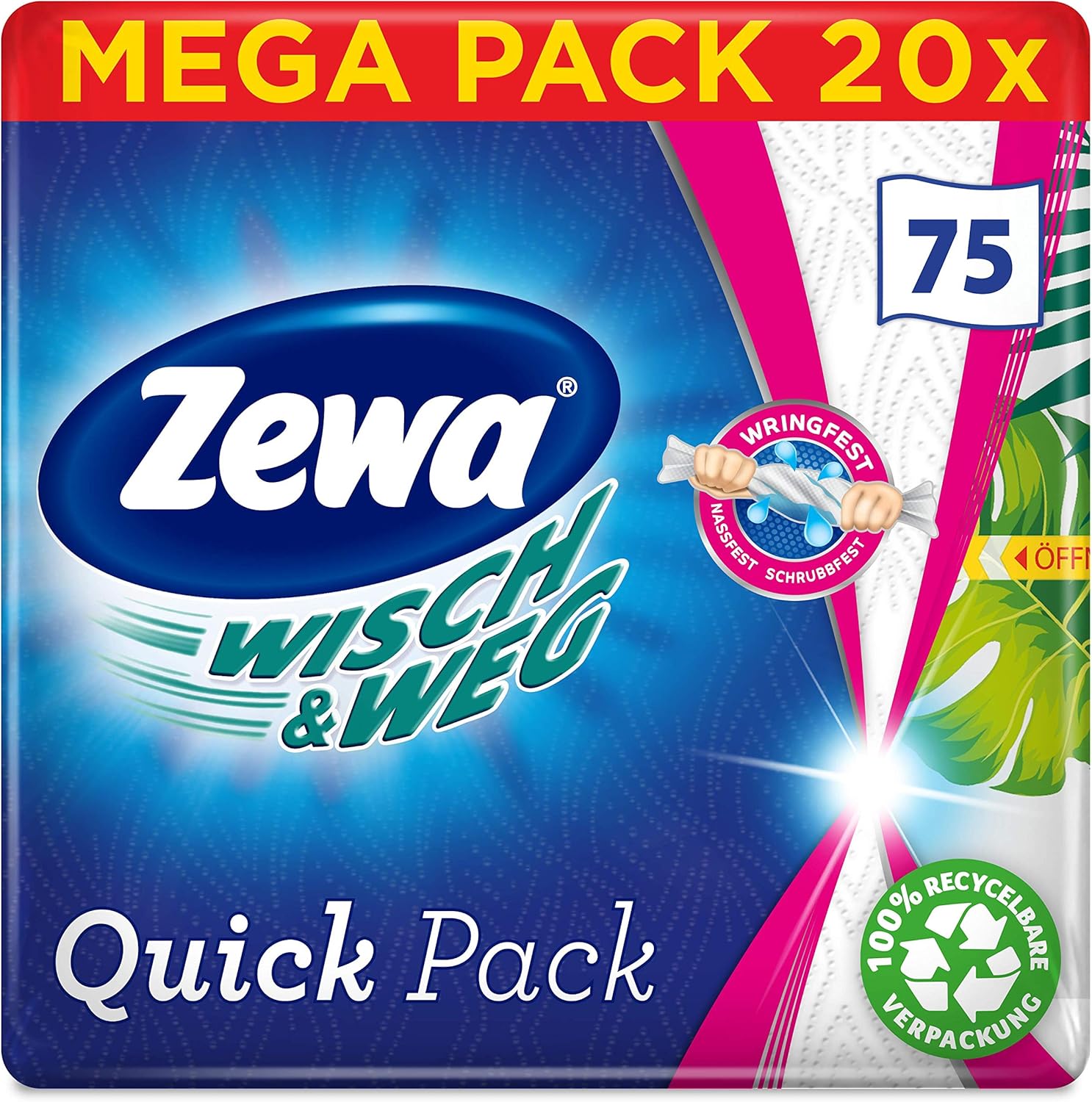 Zewa Wisch&Weg Quick Pack, Küchenrolle als praktische Einzeltücher, Mega Pack mit 20 Packungen (je 75 Tücher)
