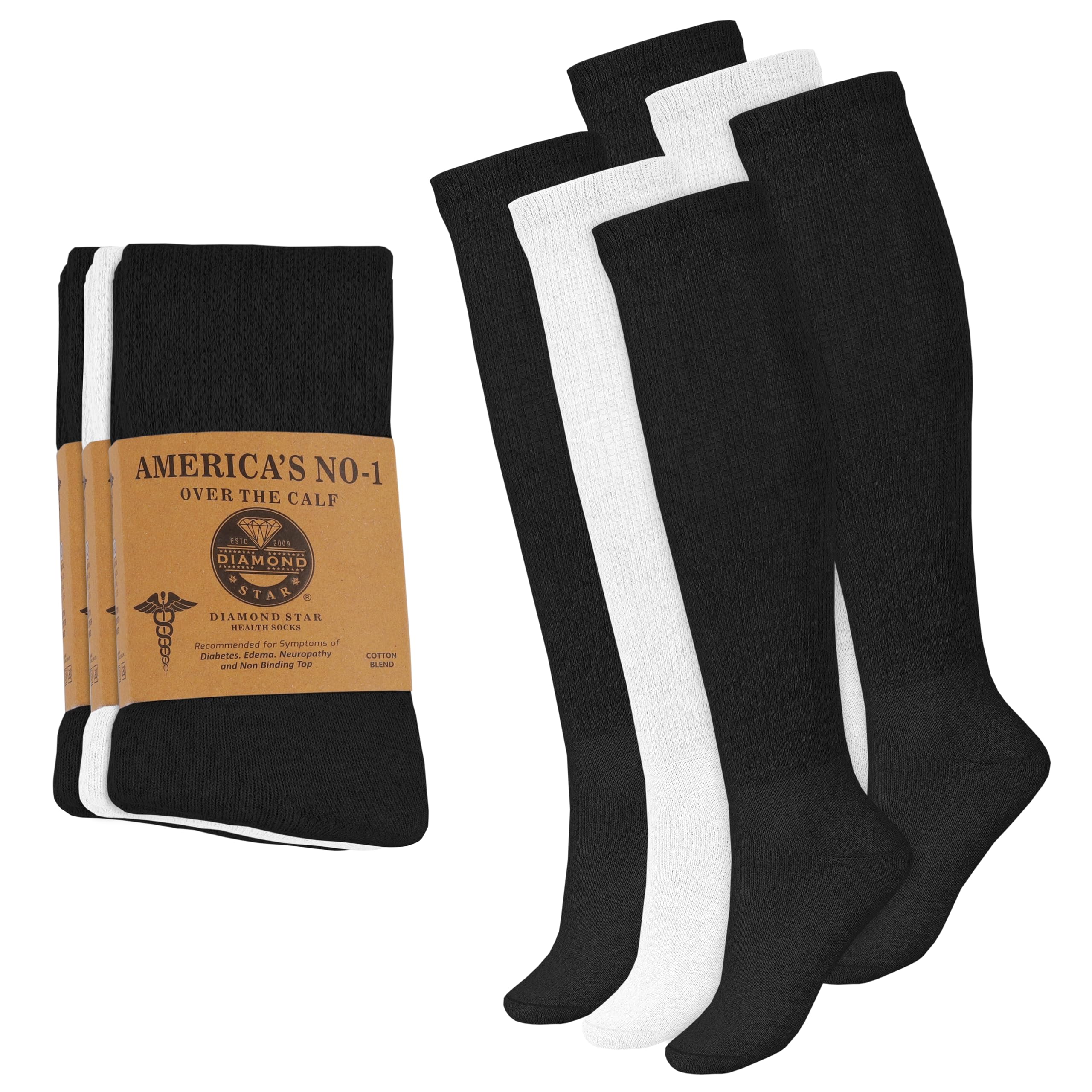 Photo 1 of 6 Pairs Diabetic Socks Over The Calf - Knee High Premium Cotton Socks Men's Size 10-13 Big & Tall Size 13-16 (US, Numeric, 10, 13, Regular, Regular, 4 Pairs Black, 2 Pairs White)