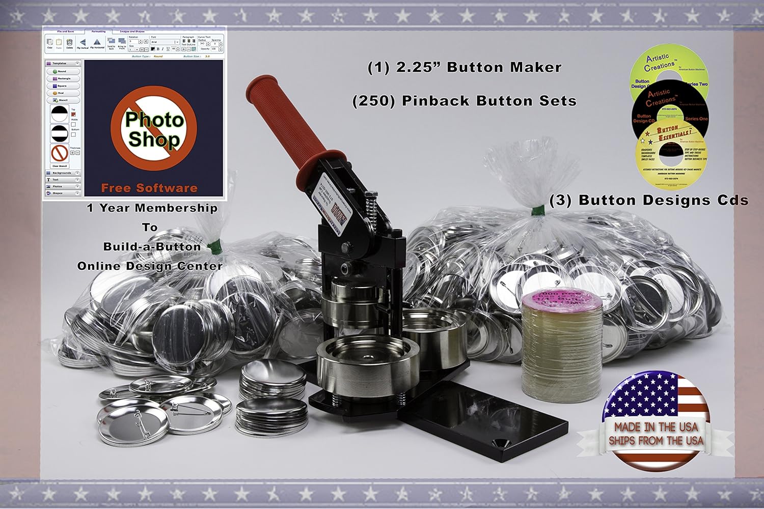 Amazon Com 2 25 Button Maker Machine 250 Complete Pinback Button Parts Cds Software From American Button Machines