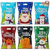 JOYIN 72 PCS Christmas Plastic Goodies Bags with Handles, Xmas Shopping Goody Gift Bags for Present Wrapping, Party Decoration Supplies, Festive Parties Favor, Holiday Treats (11" x 16")
