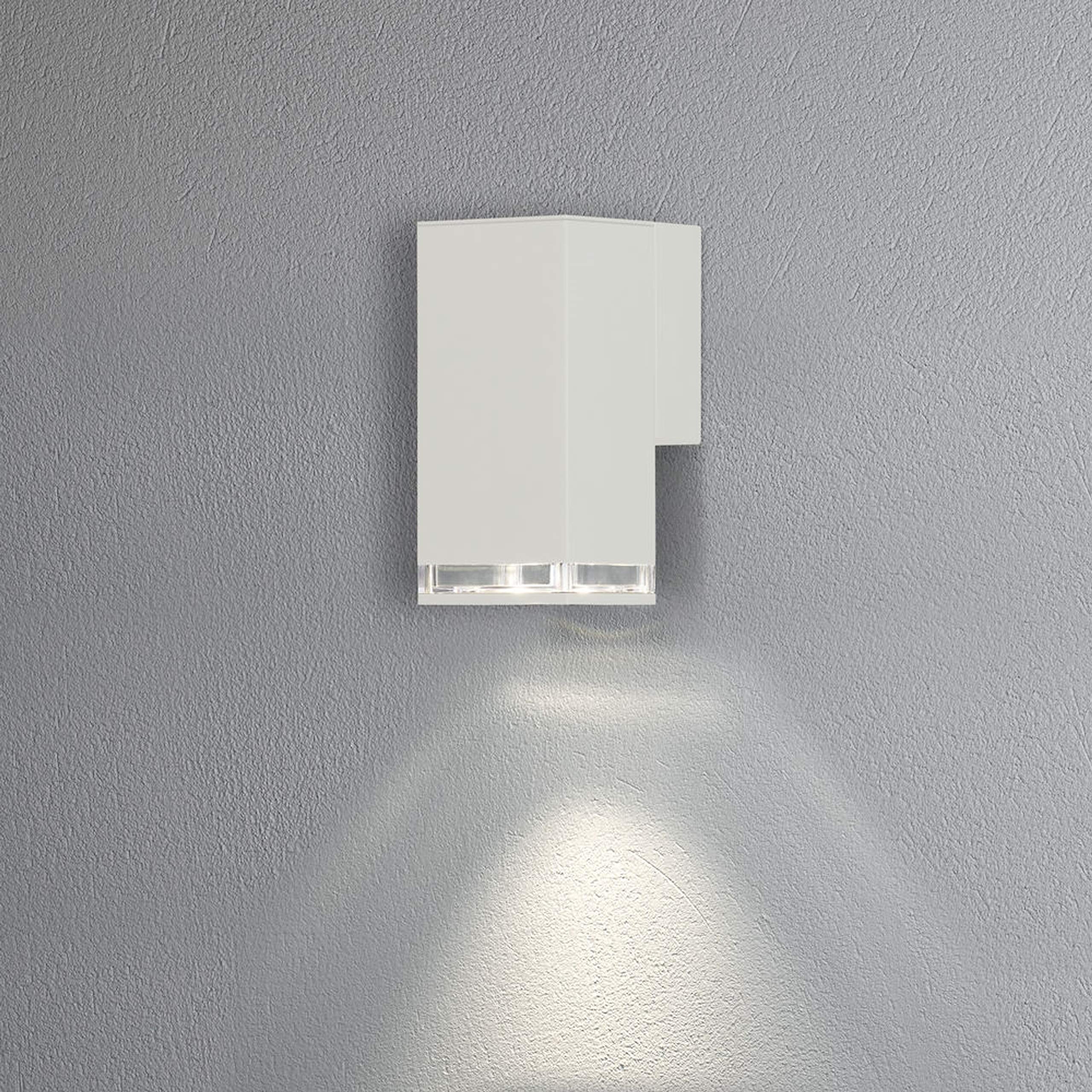 Konstsmide Handmade Outdoor Wall Light Mains Powered/Pollux Single Down Modern Lantern/1x7 Watt Max GU10 Lamp/Clear Acrylic Glass Lens/Aluminium/IP44/White Outside Light