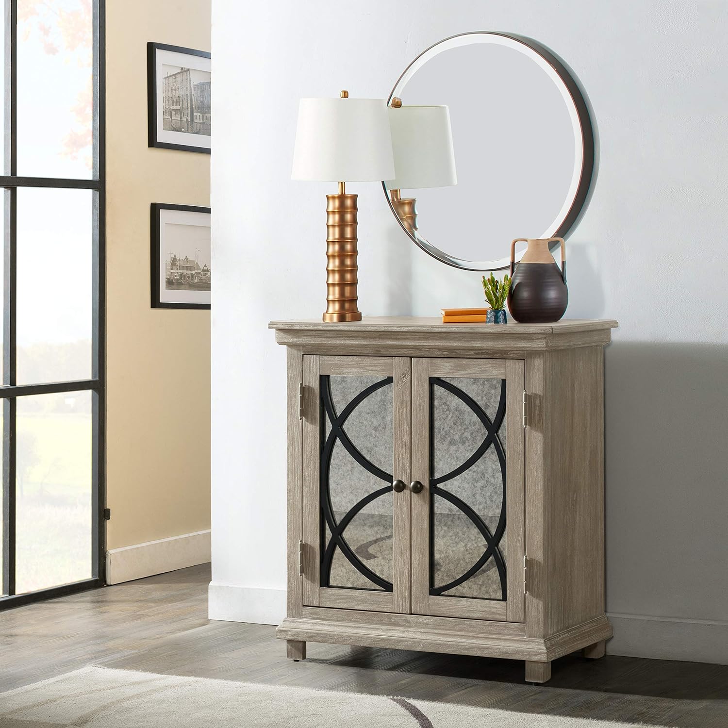 Right2Home Two Door Mirror Front Accent Rustic Oak Brown Storage Chest: Furniture & Decor