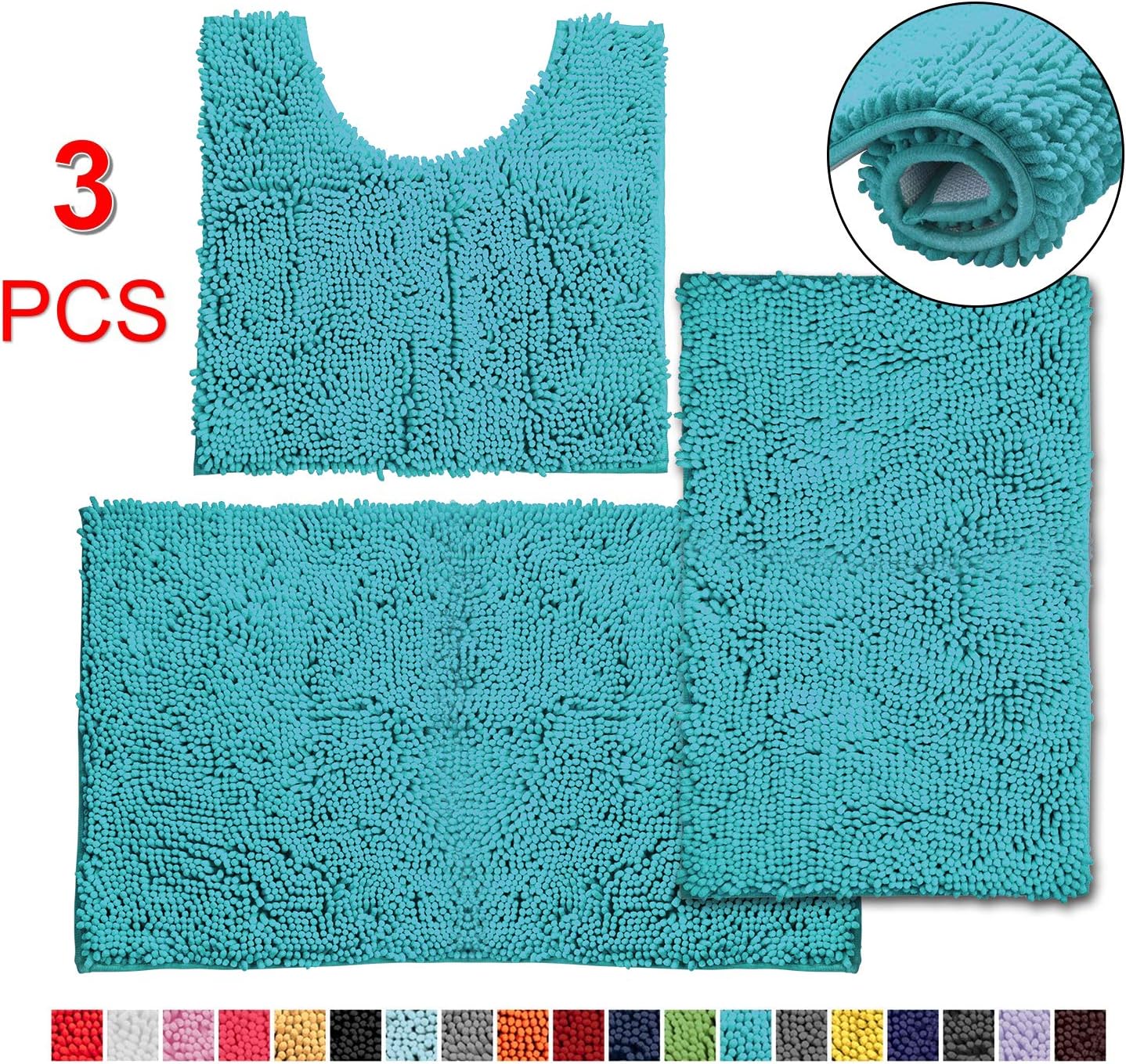 3 Pieces Bathroom Rugs, Anti-Slip Chenille Bath Rug, Super Absorbent Luxury Shaggy Bath Mats Set, Perfect Plush Carpet for Tub, Shower, Bath Room,Machine Washable (Turquoise)