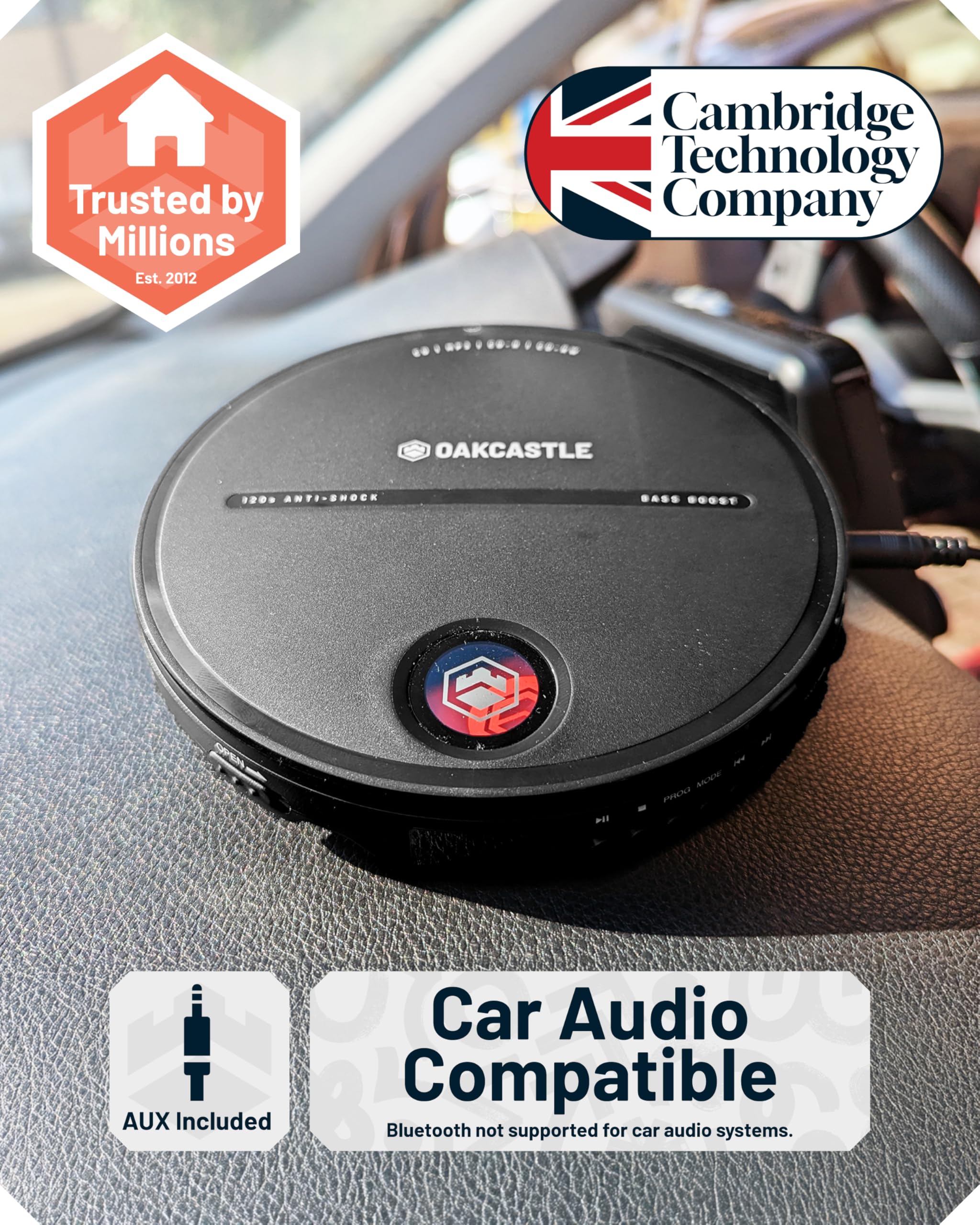 Personal CD Player | Portable Music Player with Included in-Line Control Earphones | 7 Hour Battery Playtime, in-Car AUX Compatibility | Bass Boost, Hold Lock and Anti-Skip Function | OAKCASTLE CD10